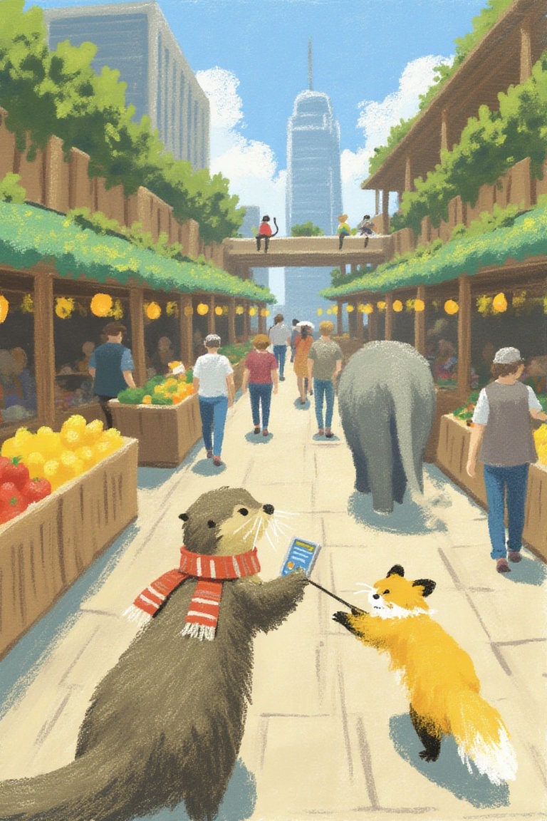A dynamic marketplace scene in a city designed for anthropomorphic animals,  with stalls selling colorful fruits,  gadgets...