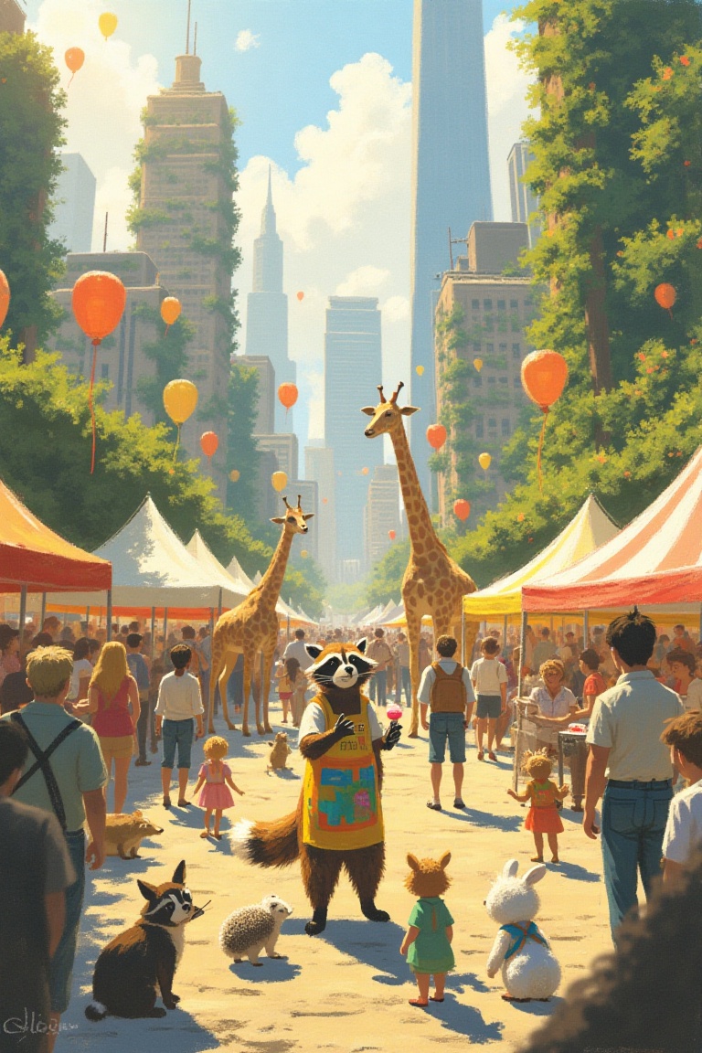 A sprawling urban square filled with anthropomorphic animals enjoying a lively festival. In the center,  a cheerful raccoo...