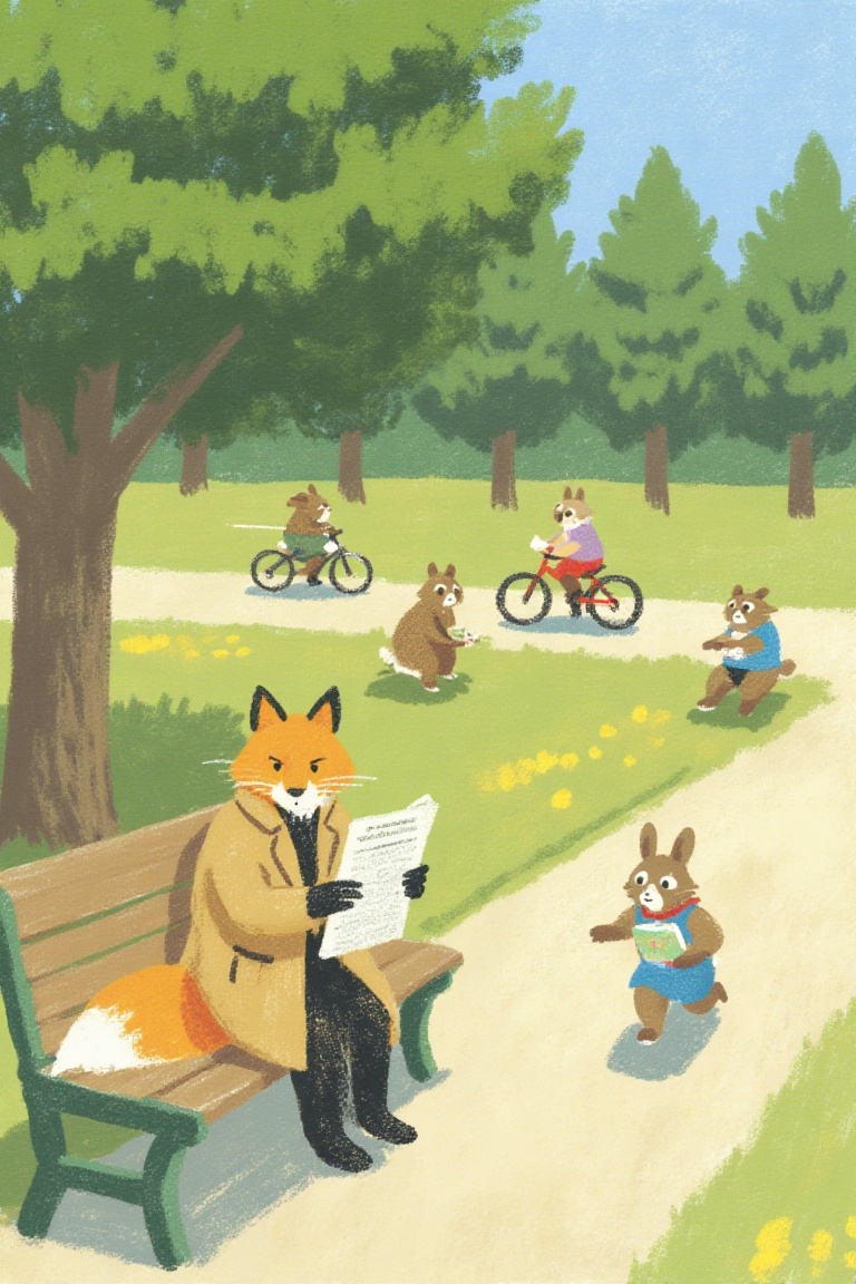 "A whimsical illustration of a city park bustling with anthropomorphic animals enjoying their day. A clever-looking red fo...
