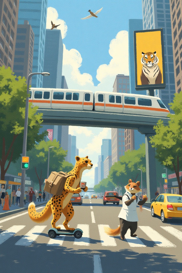 An energetic urban intersection at rush hour,  where anthropomorphic animals navigate their day. A cool,  confident cheeta...