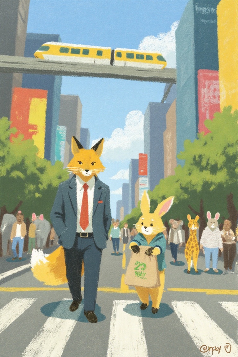 vibrant and lively city scene of anthropomorphic animals in a bustling,  futuristic urban environment,  inspired by a mode...