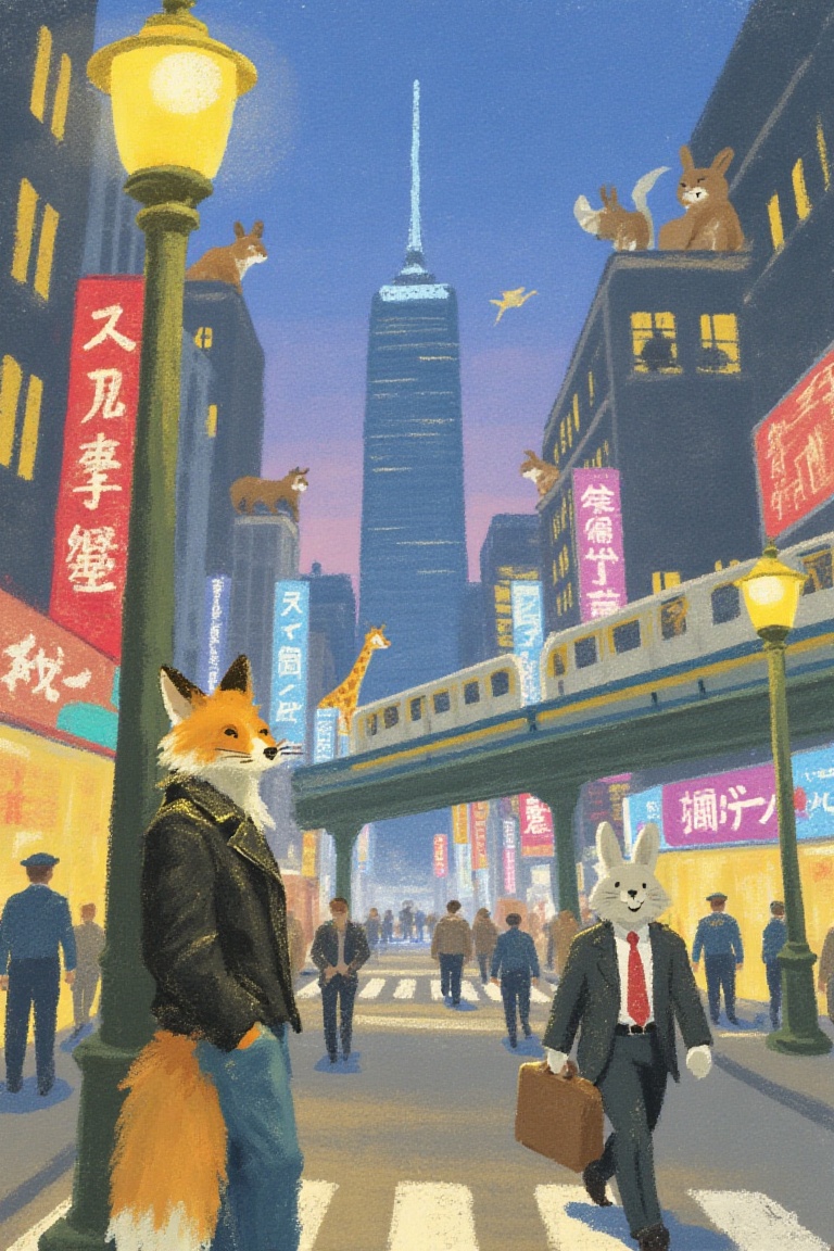 "A vibrant,  bustling city filled with anthropomorphic animals of various sizes and species,  blending seamlessly into a m...