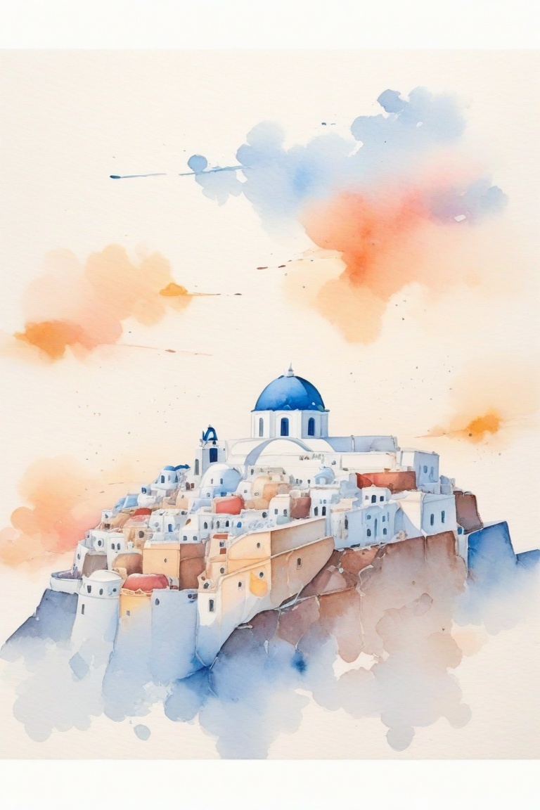 ((Watercolor)),  Watercolor landscape: Santorini,  Greece on Tensor.Art