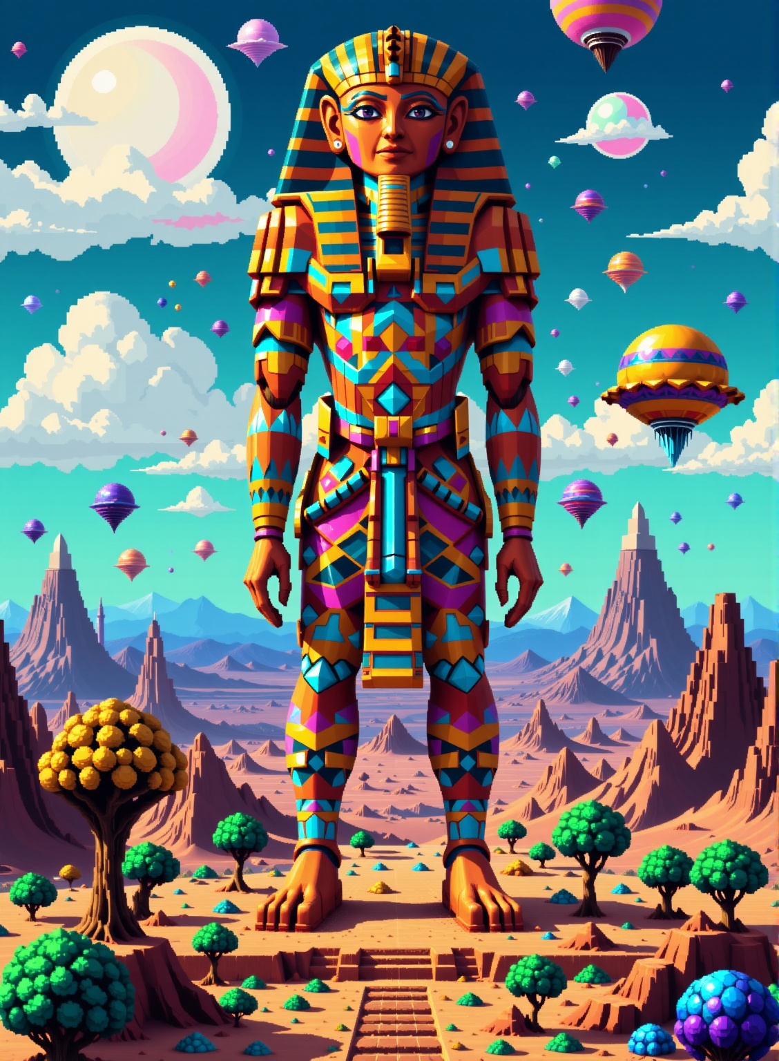In the midst of an endless expanse of desert,  we see an ancient Egyptian sculpture made entirely of geometric shapes. The...