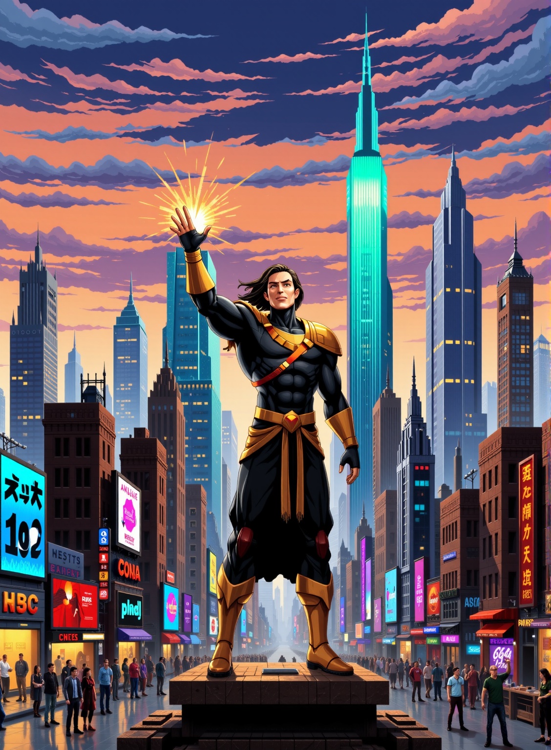A heroic figure stands triumphantly amidst a bustling metropolis at sunset,  with towering skyscrapers and neon-lit billbo...