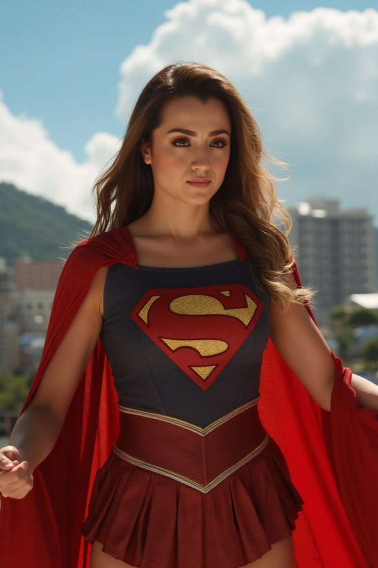 A majestic woman,  clad in a vibrant Super Girl costume,  stands heroically amidst a well lit outdoors setting. Cinematic...