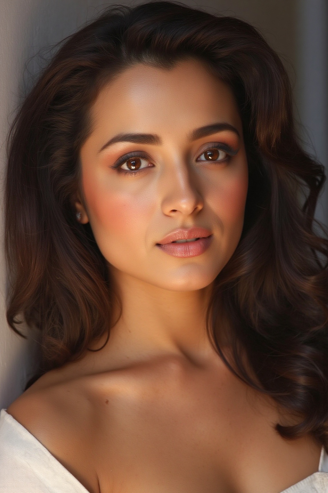 A high end beauty shot of a brunette model with dramatic eye make up and subtle blush. Close up photo with a clean backgro...