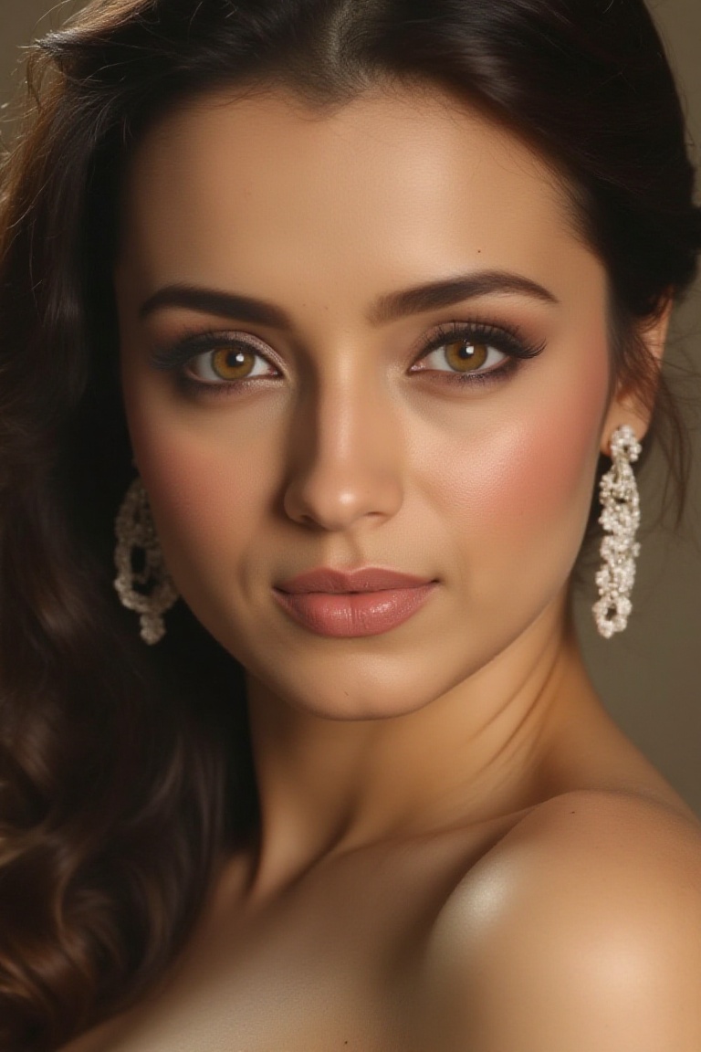 A high end beauty shot of a model with dramatic eye make up and subtle blush. Close up photo with a clean background. HD q...
