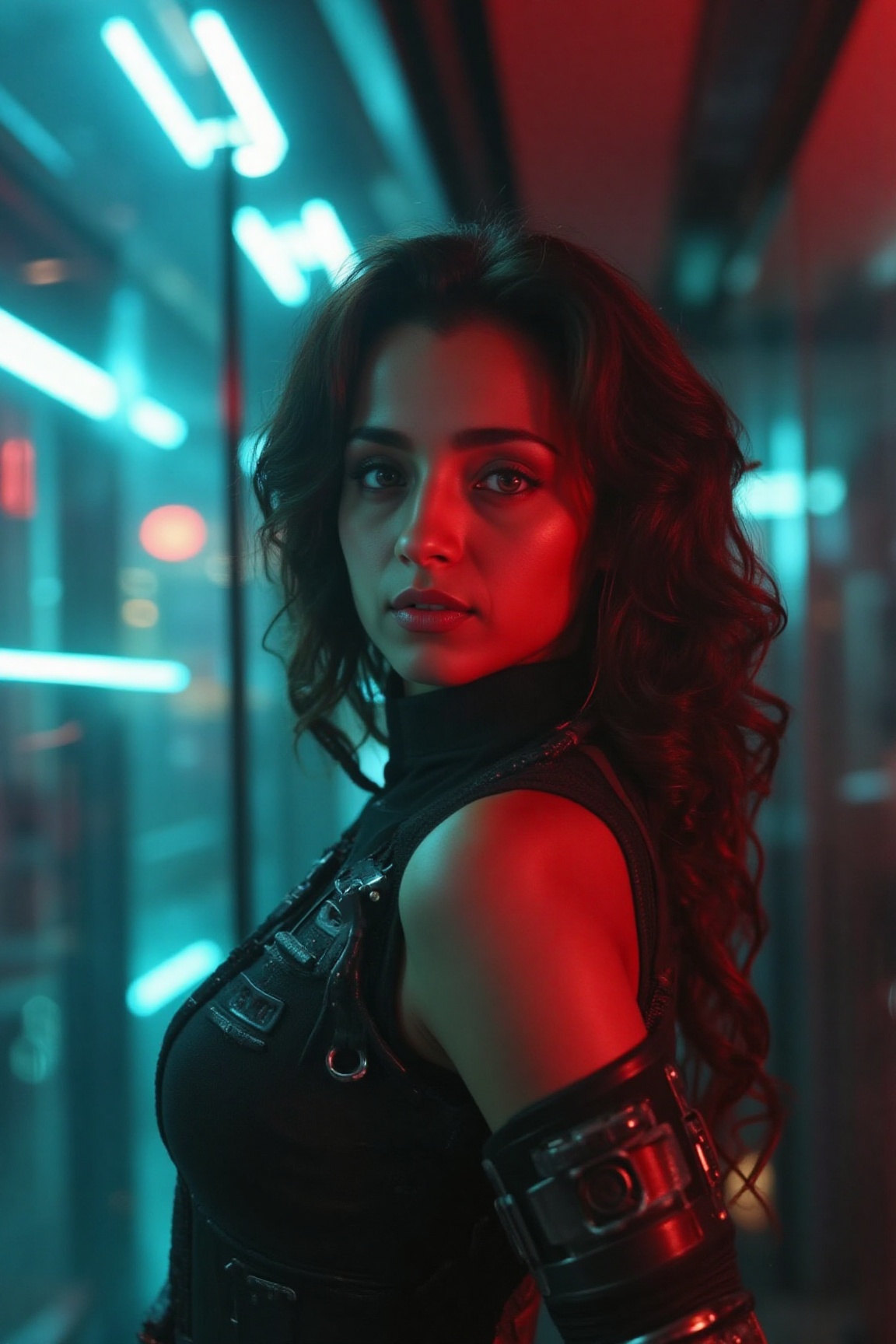In a masterclass of futuristic portraiture,  a woman stands resplendent against the neon-drenched backdrop of a cyberpunk...