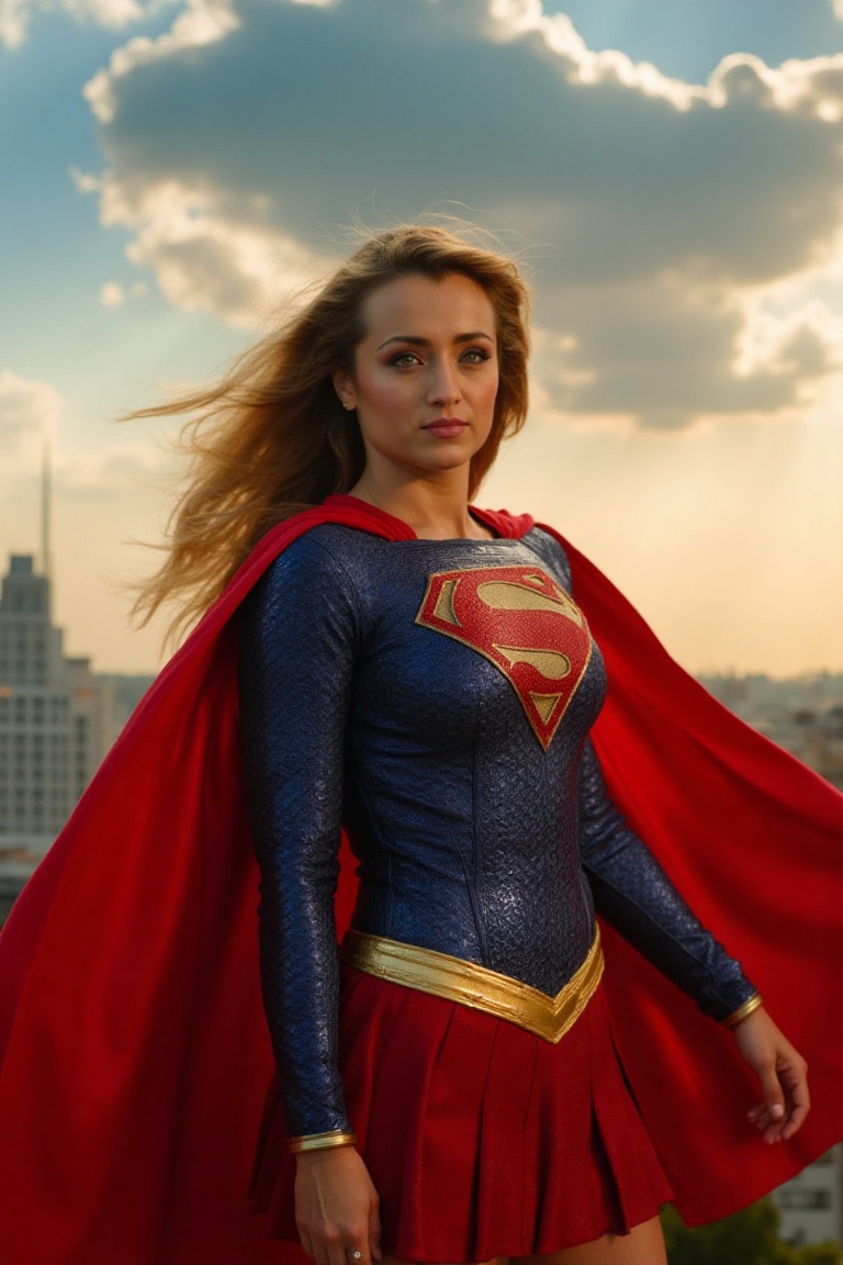 A majestic woman,  clad in a vibrant Super Girl costume,  stands heroically amidst a well lit outdoors setting. Cinematic...