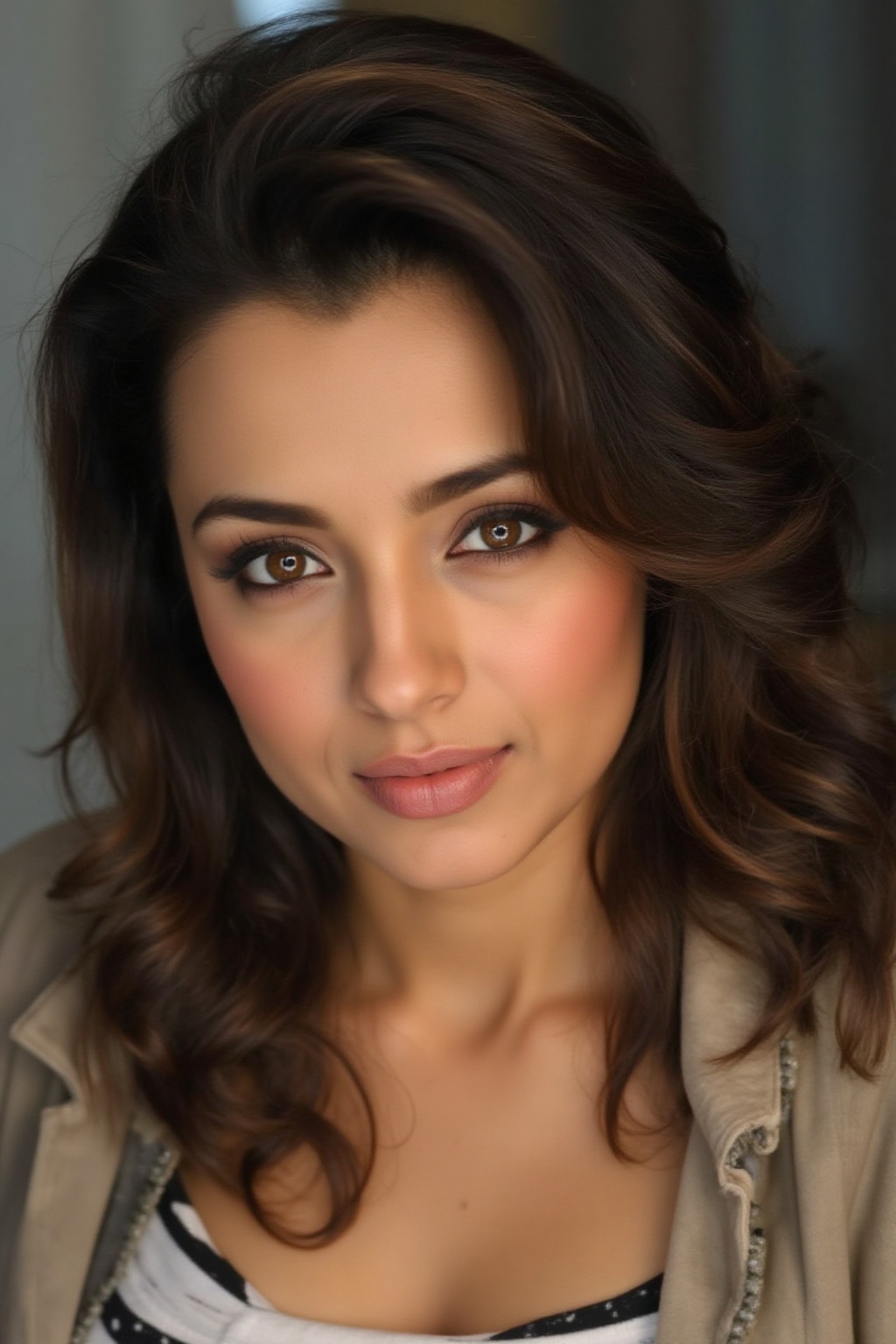 A high end beauty shot of a brunette model with dramatic eye make up and subtle blush. Close up photo with a clean backgro...