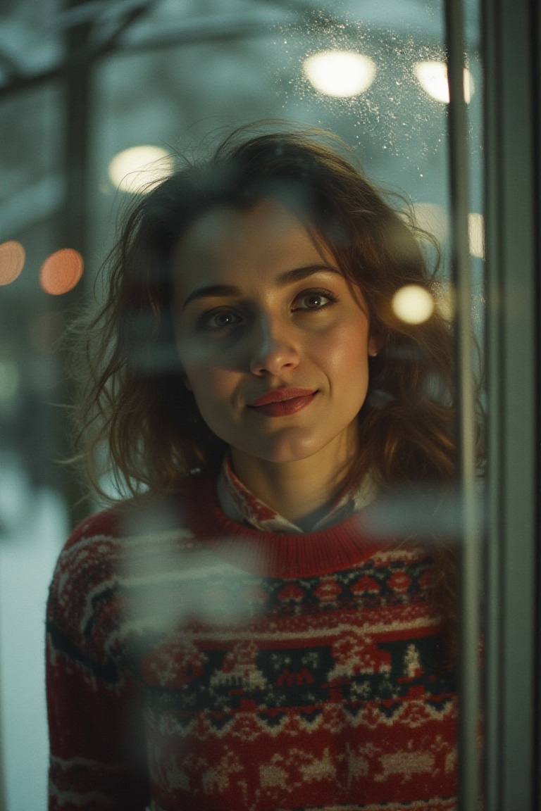 A captivating 35mm film shot unfolds,  and the camera captures a woman through a frosted window. Wearing a Christmas sweat...