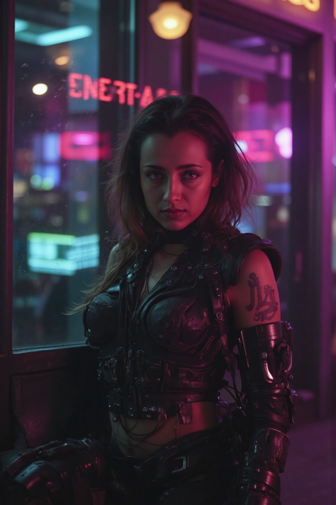 In a masterclass of futuristic portraiture,  a woman stands resplendent against the neon-drenched backdrop of a cyberpunk...