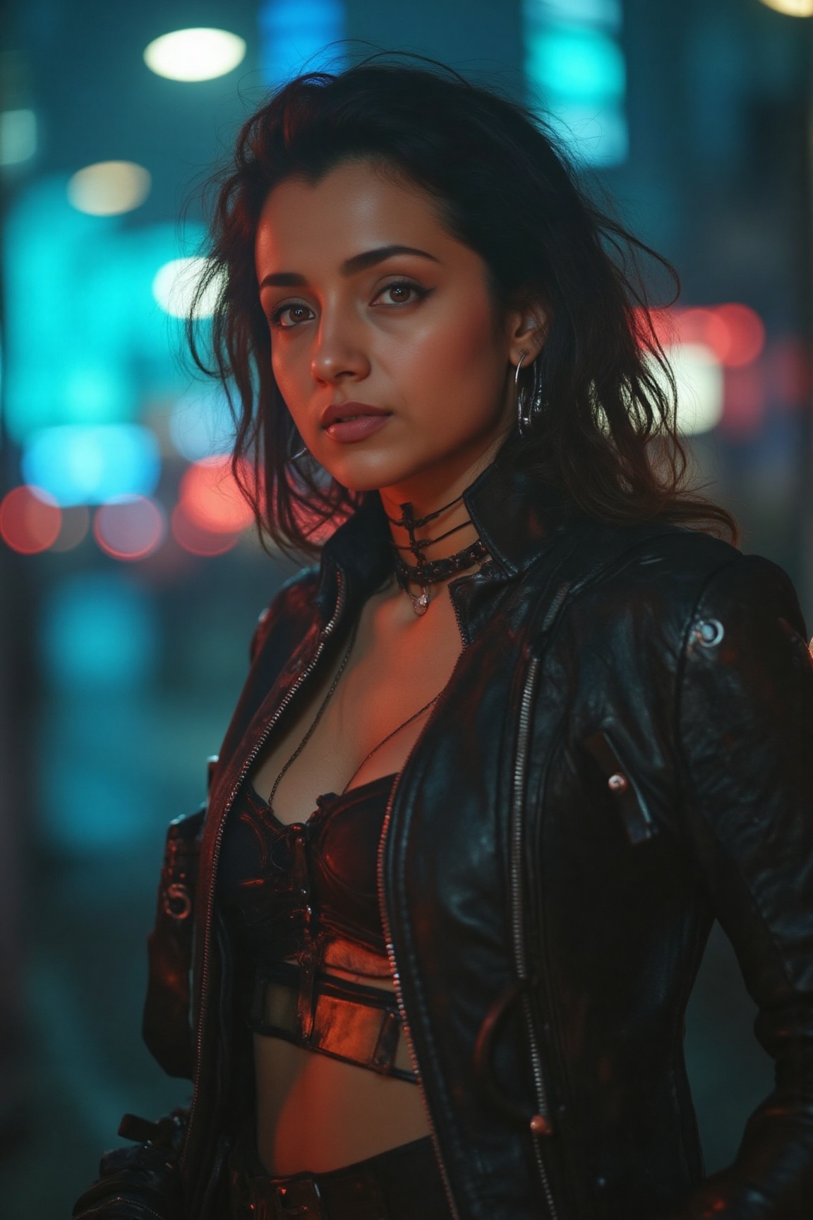 In a masterclass of futuristic portraiture,  a woman stands resplendent against the neon-drenched backdrop of a cyberpunk...