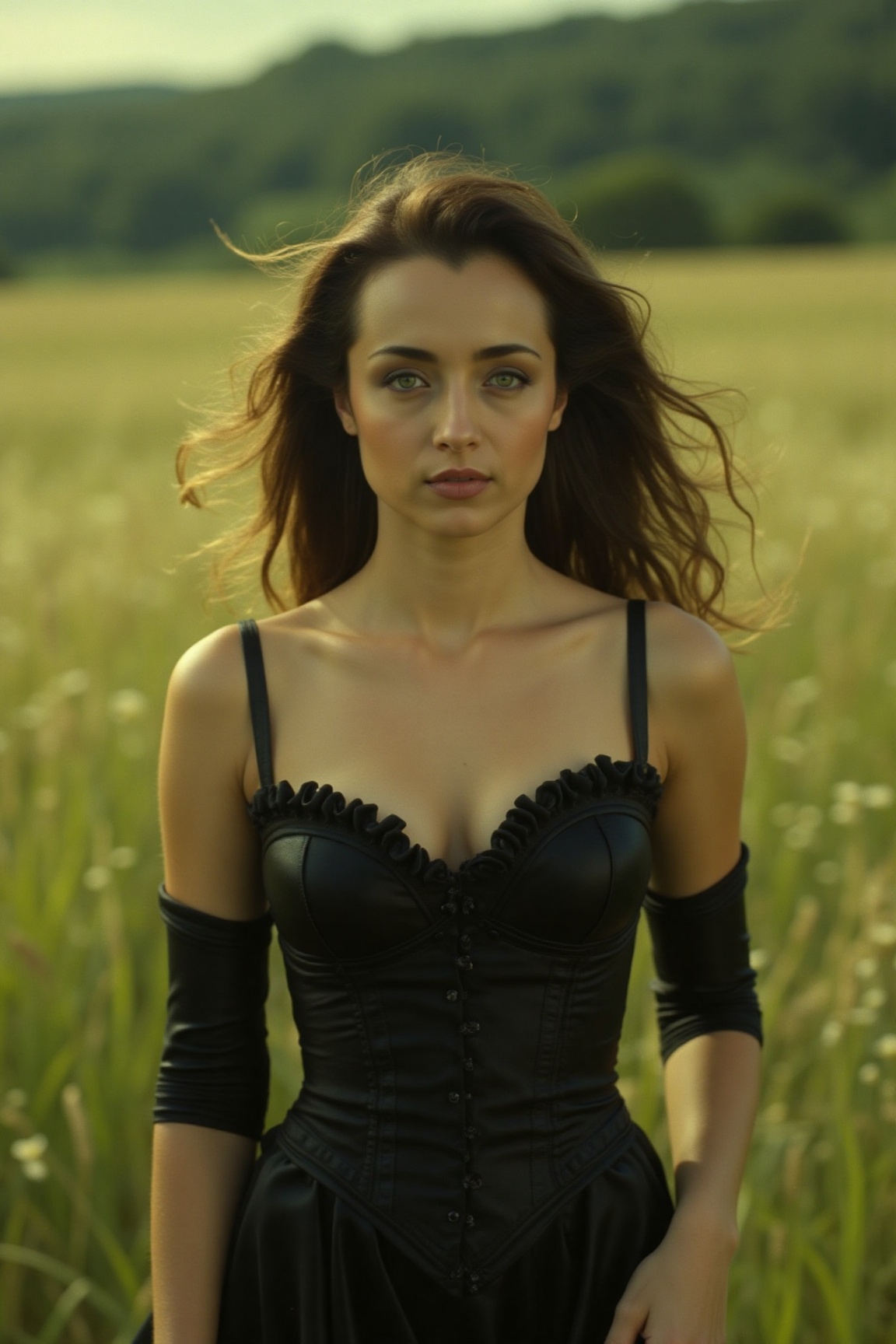 A captivating 35mm film shot unfolds,  and the camera captures A close-up shot of a woman in a black corset dress,  standi...