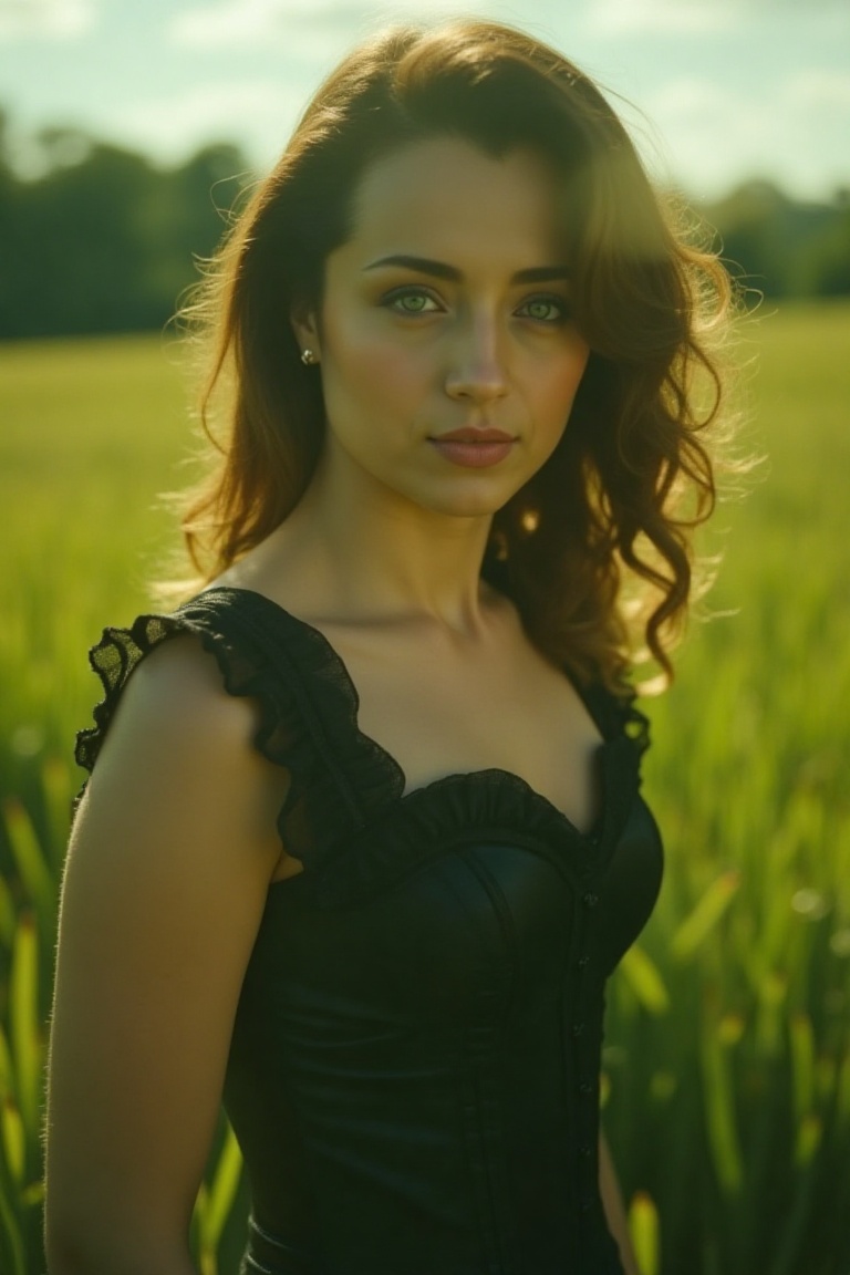 A captivating 35mm film shot unfolds,  and the camera captures A close-up shot of a woman in a black corset dress,  standi...
