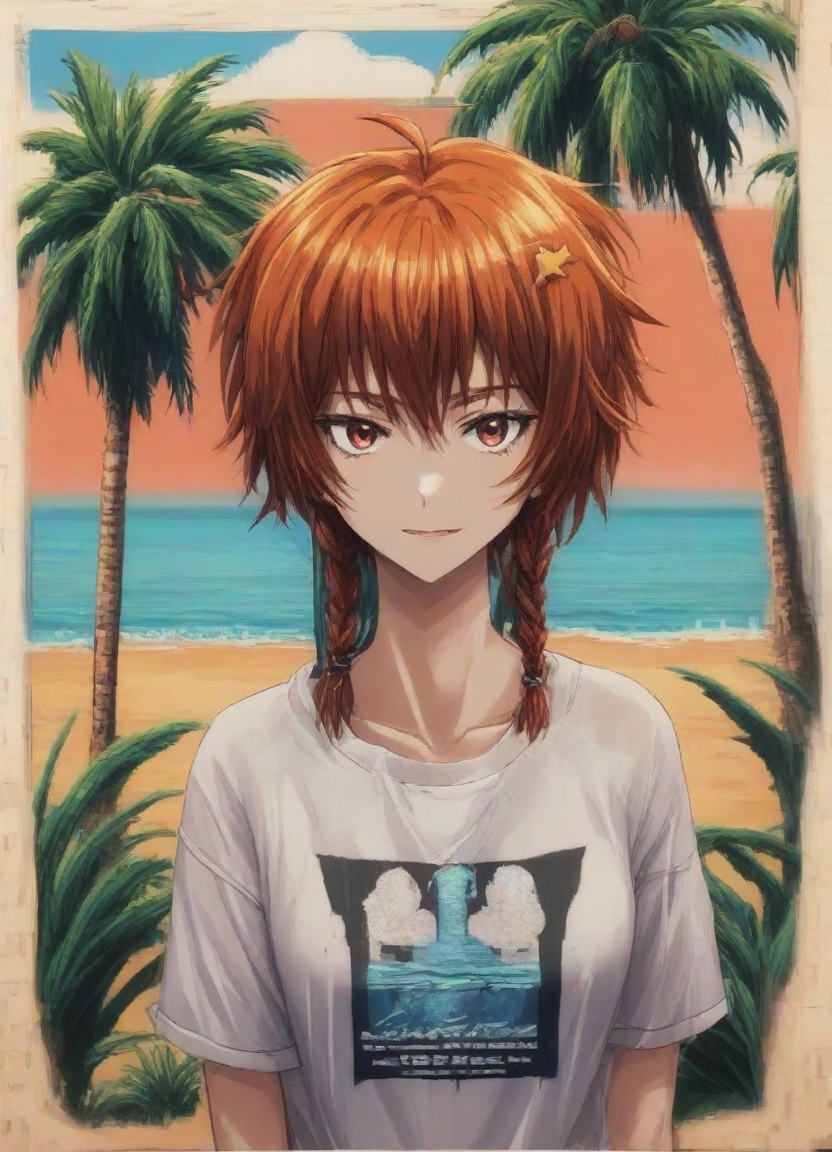 Create a mini island with a surrounding sea,  the sun and a palm tree,  T-shirt design on Tensor.Art