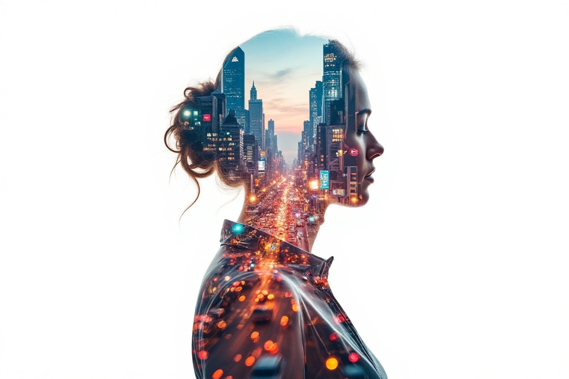 Double exposure photography of a woman and the mesmerizing urban cityscape,  with impeccable clarity and vibrant hues,  ag...