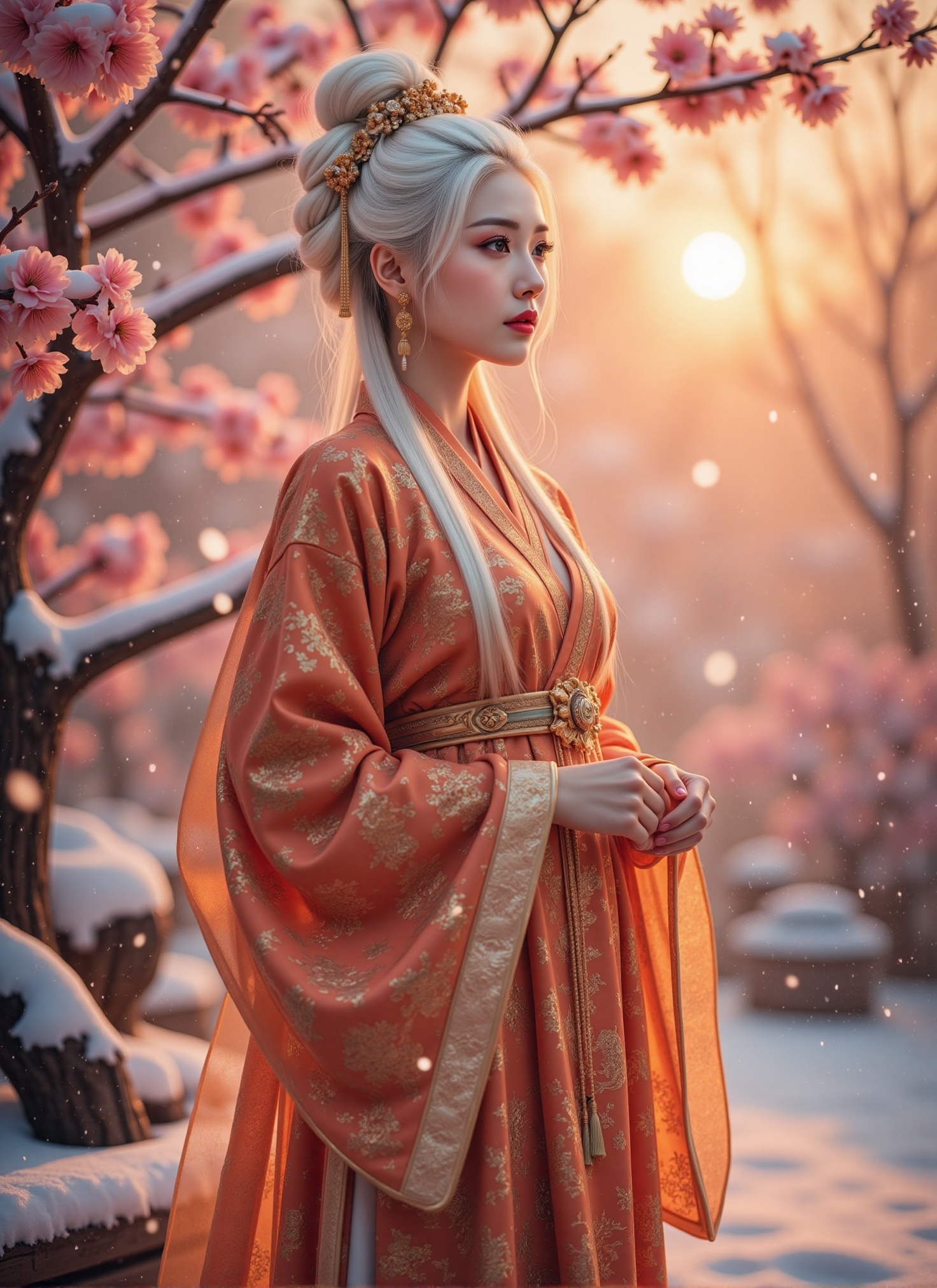 the painting depicts an incredibly beautiful Chinese girl with a traditional white hairstyle and red lips,  standing posin...
