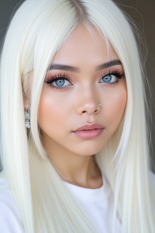 shows an Indonesian girl with long white hair,  beautiful face,  make-up on Tensor.Art