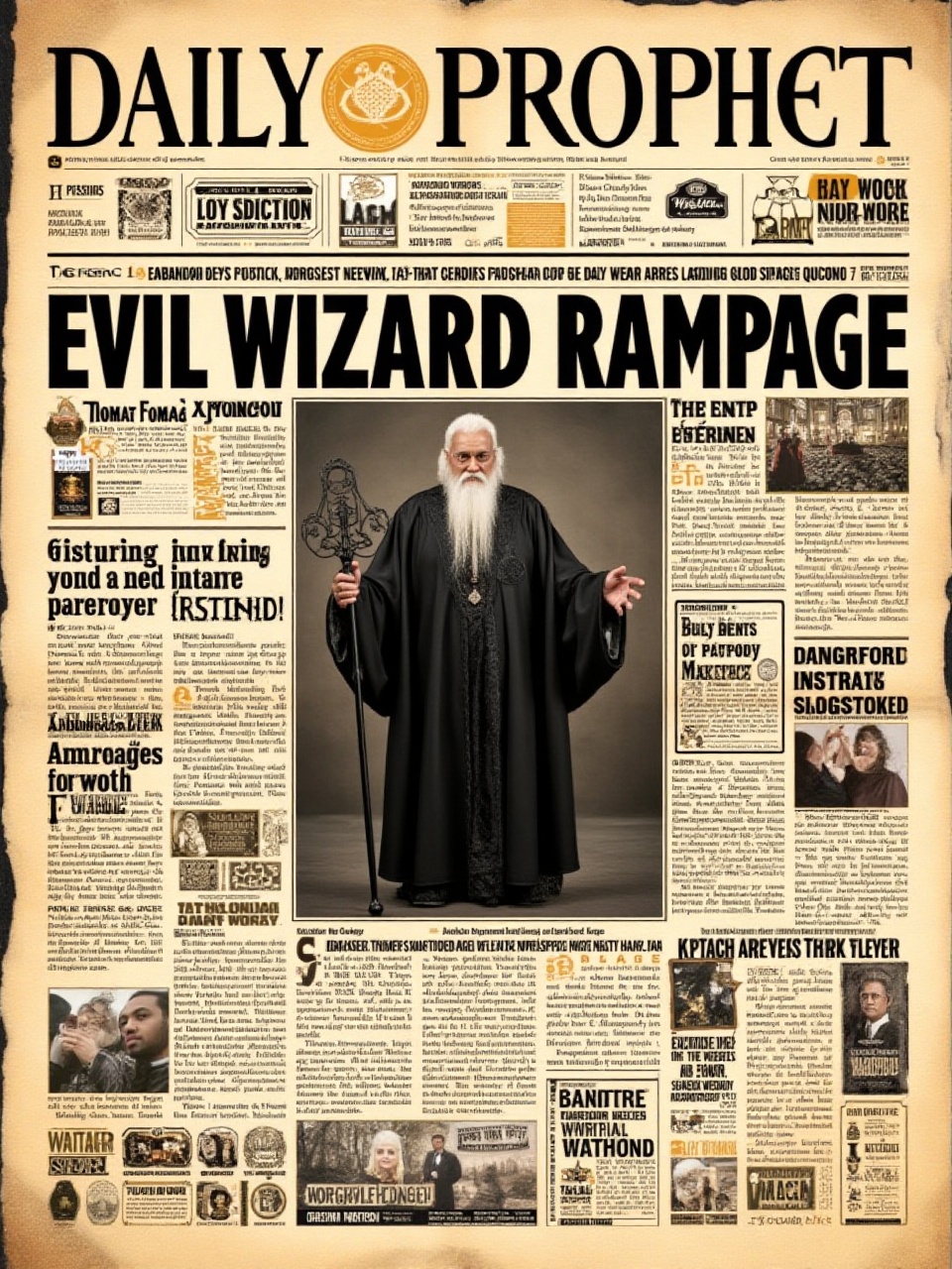 Design a newspaper layout titled"The Daily Prophet" with an aged,  beige background that features visible creases,  evokin...