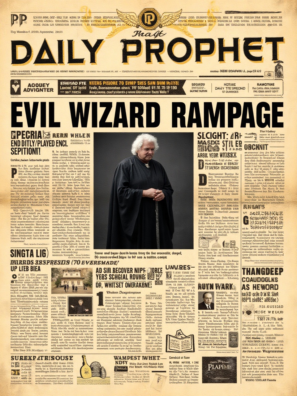 Design a newspaper layout titled"The Daily Prophet" with an aged,  beige background that features visible creases,  evokin...