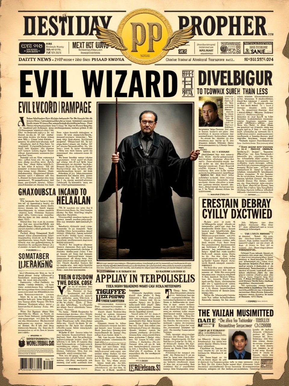 Design a newspaper layout titled"The Daily Prophet" with an aged,  beige background that features visible creases,  evokin...