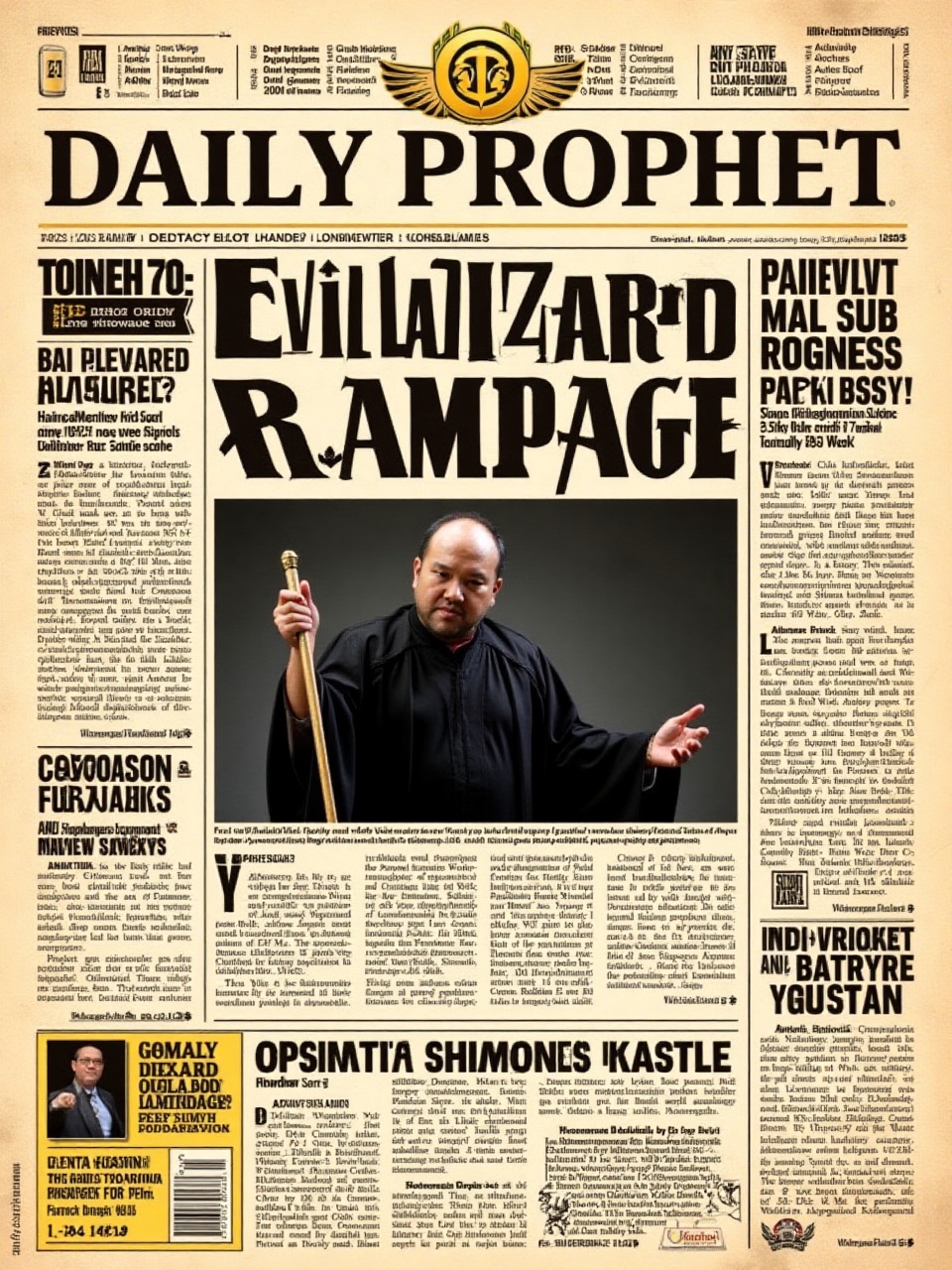 Design a newspaper layout titled"The Daily Prophet" with an aged,  beige background that features visible creases,  evokin...