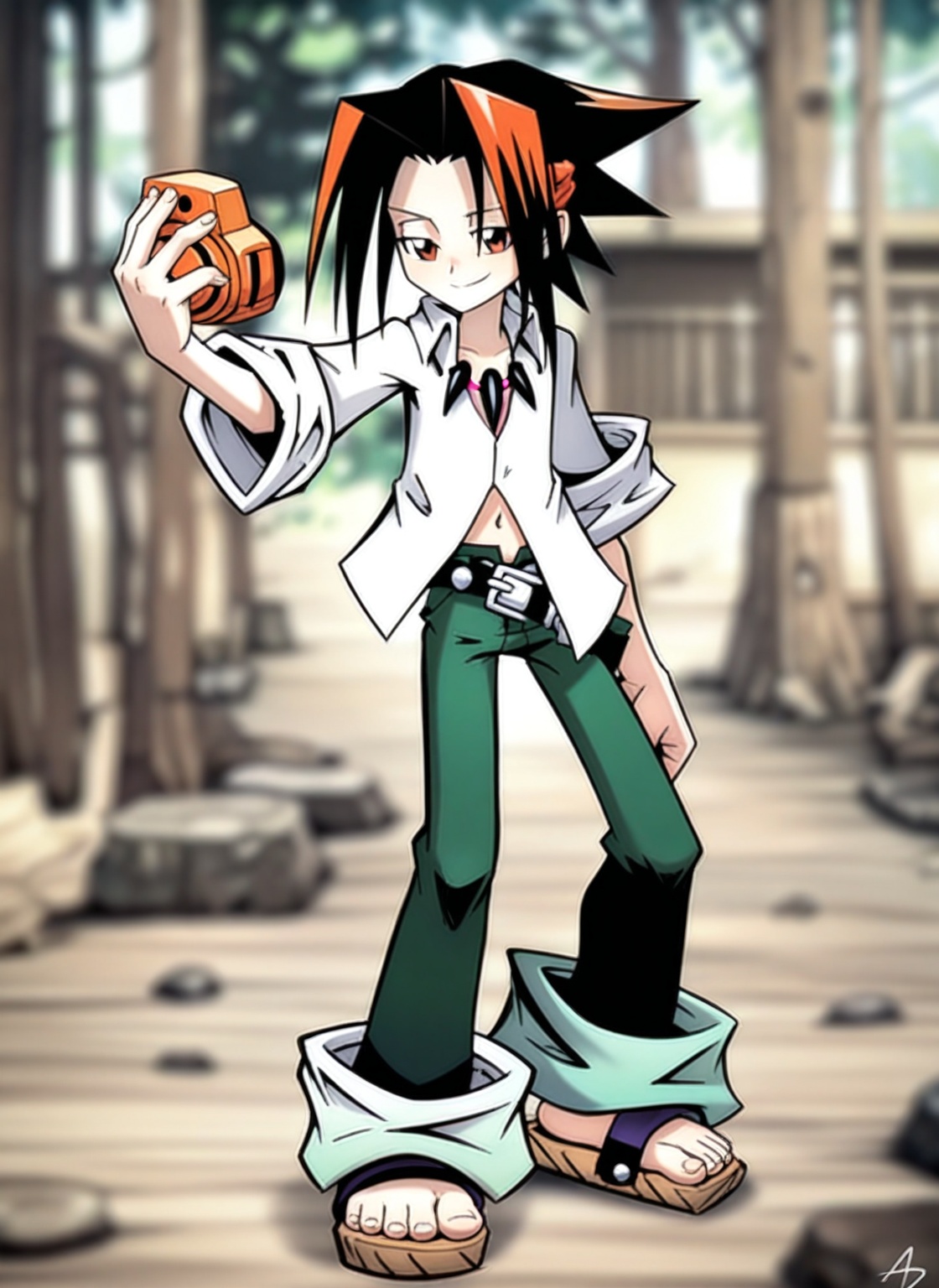 Create a highly detailed anime-style illustration of Asakura Yoh from Shaman King,  a solo male character with a calm smil...