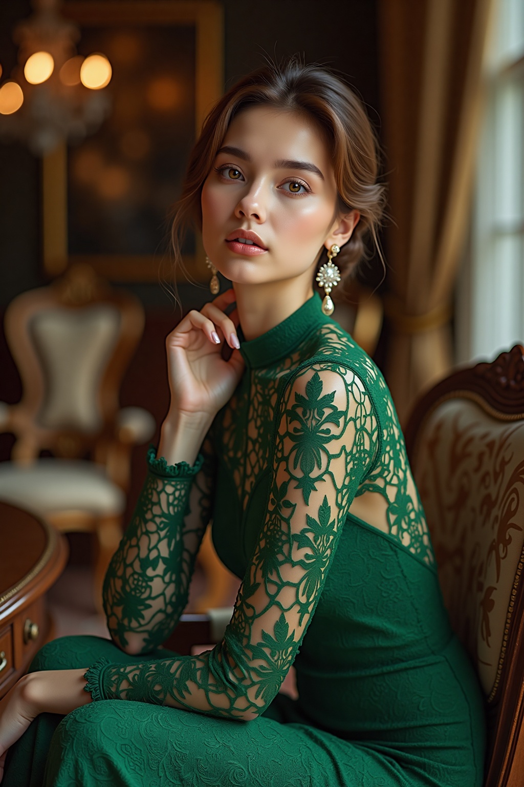 In the photo,  we see a young woman exuding elegance and confidence as she sits in a luxuriously decorated room. She is dr...
