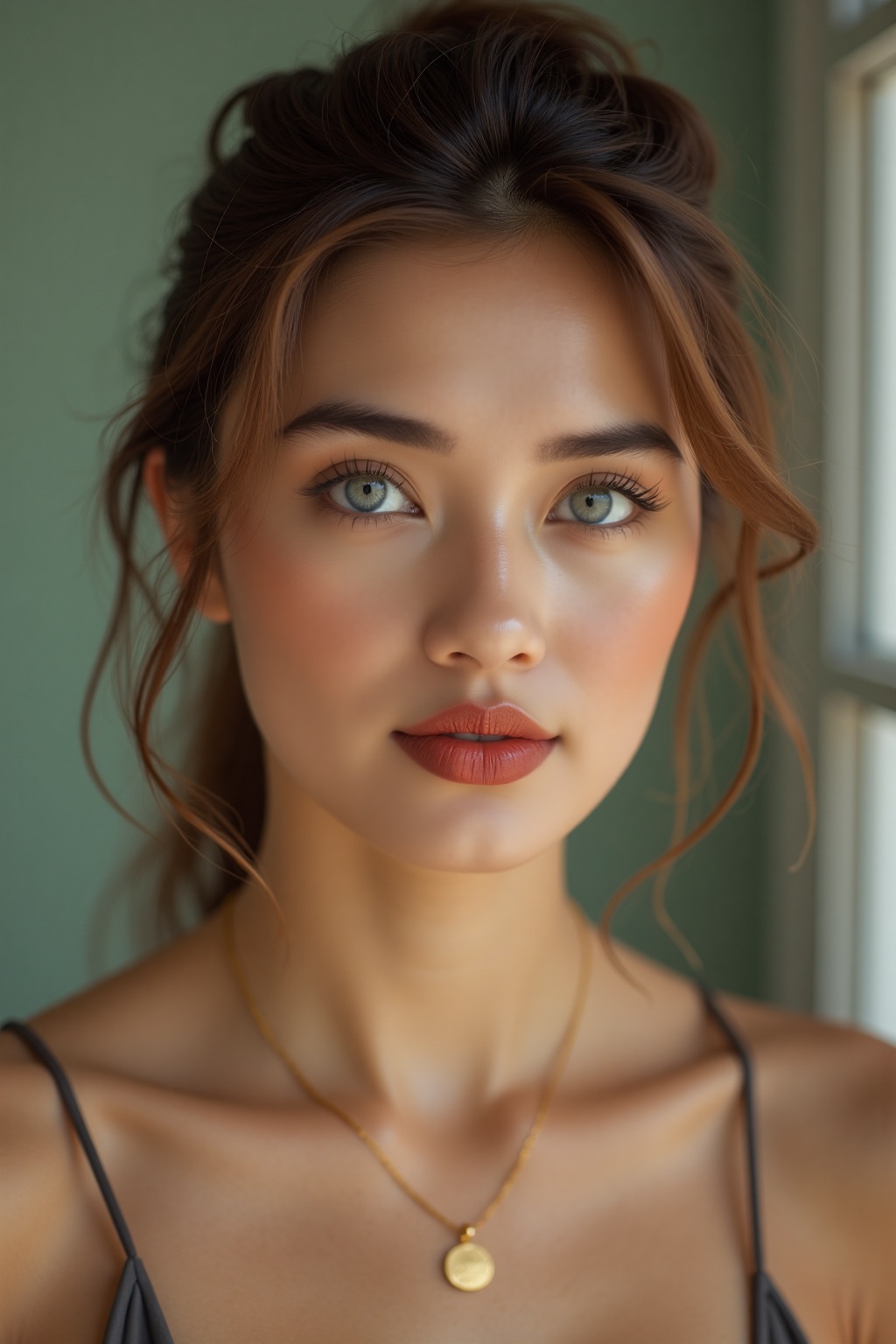 a close-up shot of a woman's face is captured in a low-angle shot. The woman's eyes are a piercing blue,  and her hair is...