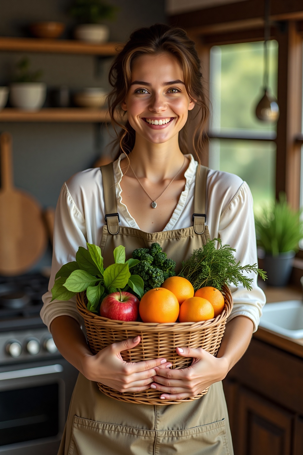 In a warm,  well-lit rustic kitchen,  a young woman dressed in a simple apron over a light blouse and linen dress stands s...