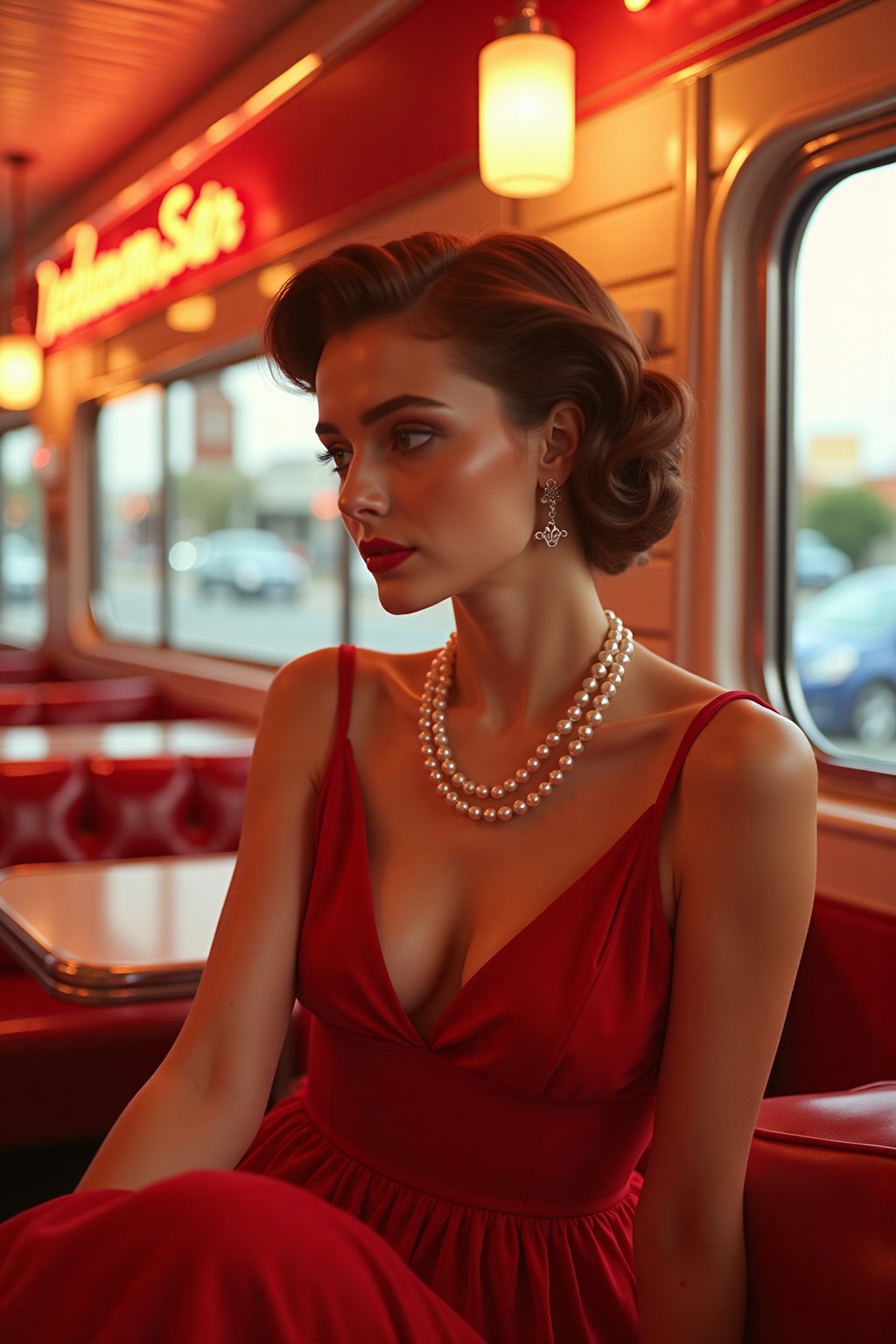 In this evocative image,  a woman exudes timeless elegance as she poses in a classic red dress that perfectly contrasts wi...