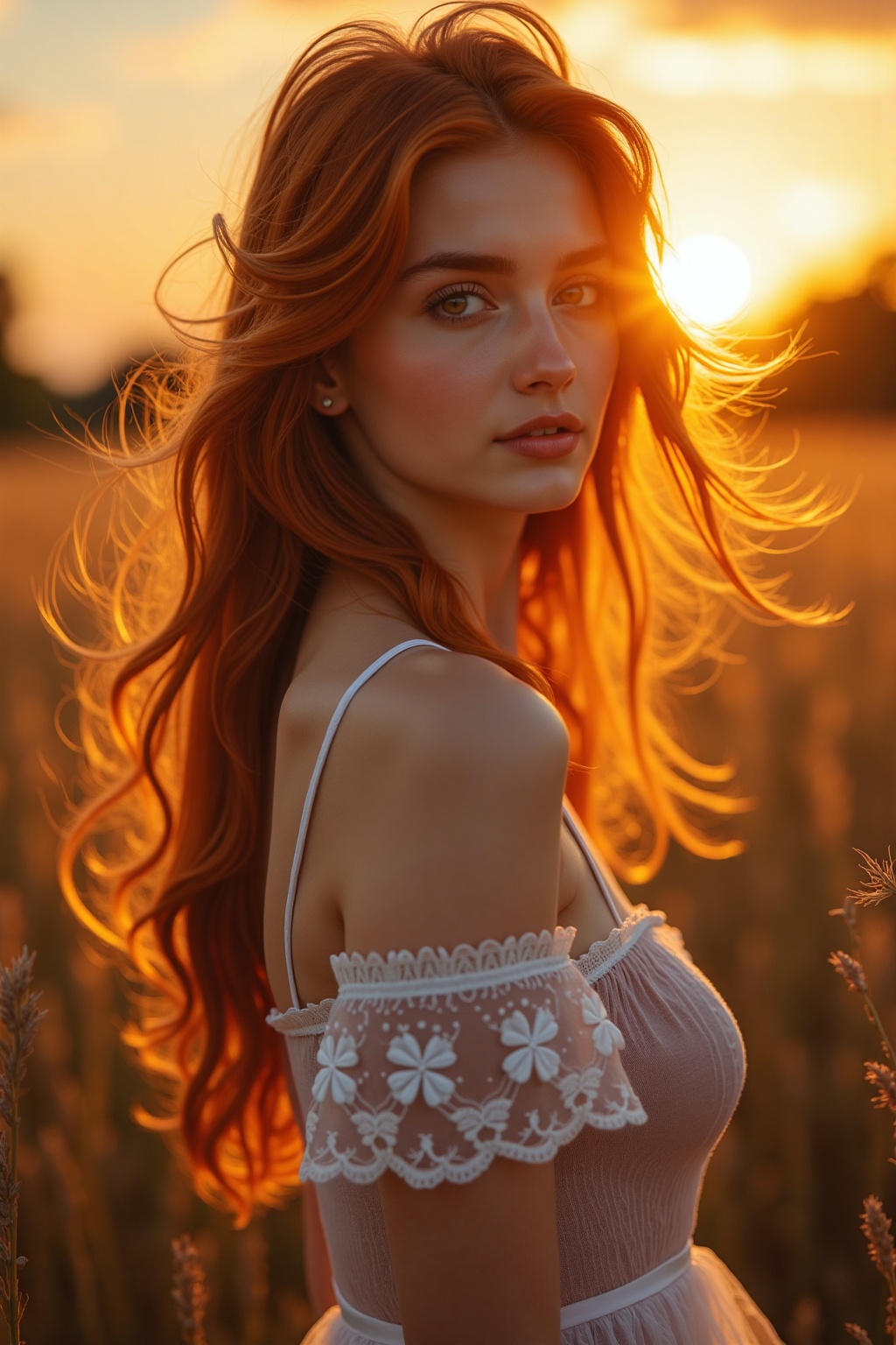 As the sun dips low on the horizon,  its golden rays softly illuminate a young woman with flowing red hair. She stands ami...