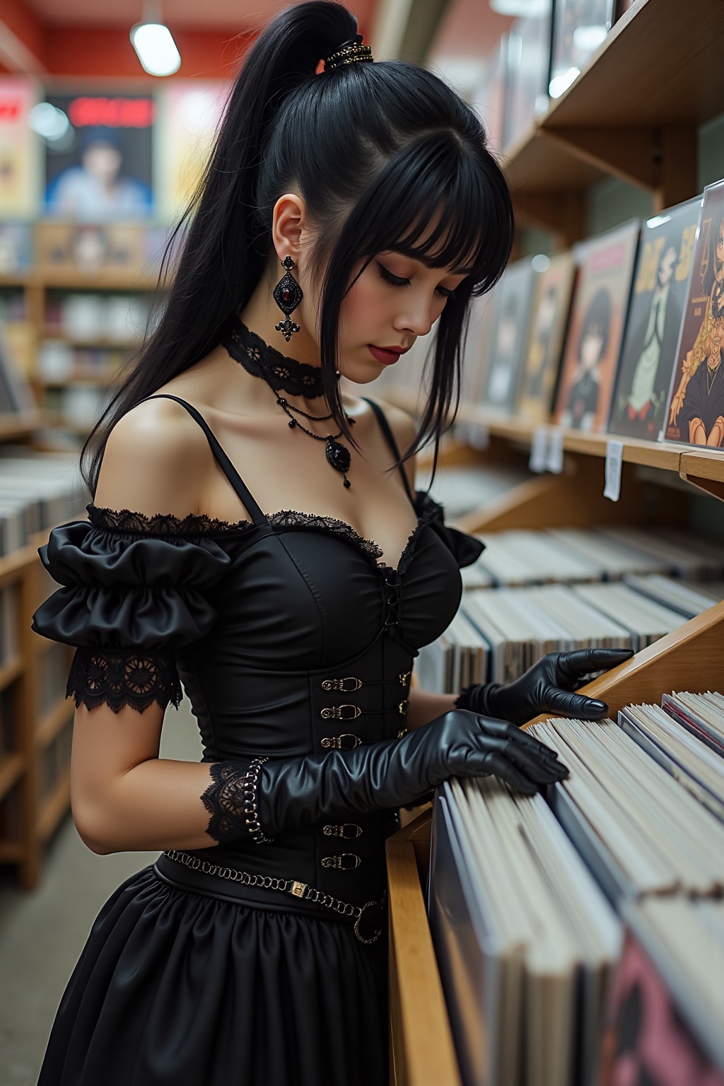 In a well-stocked record store,  a young woman stands out with her distinctive gothic fashion. Her outfit is predominantly...