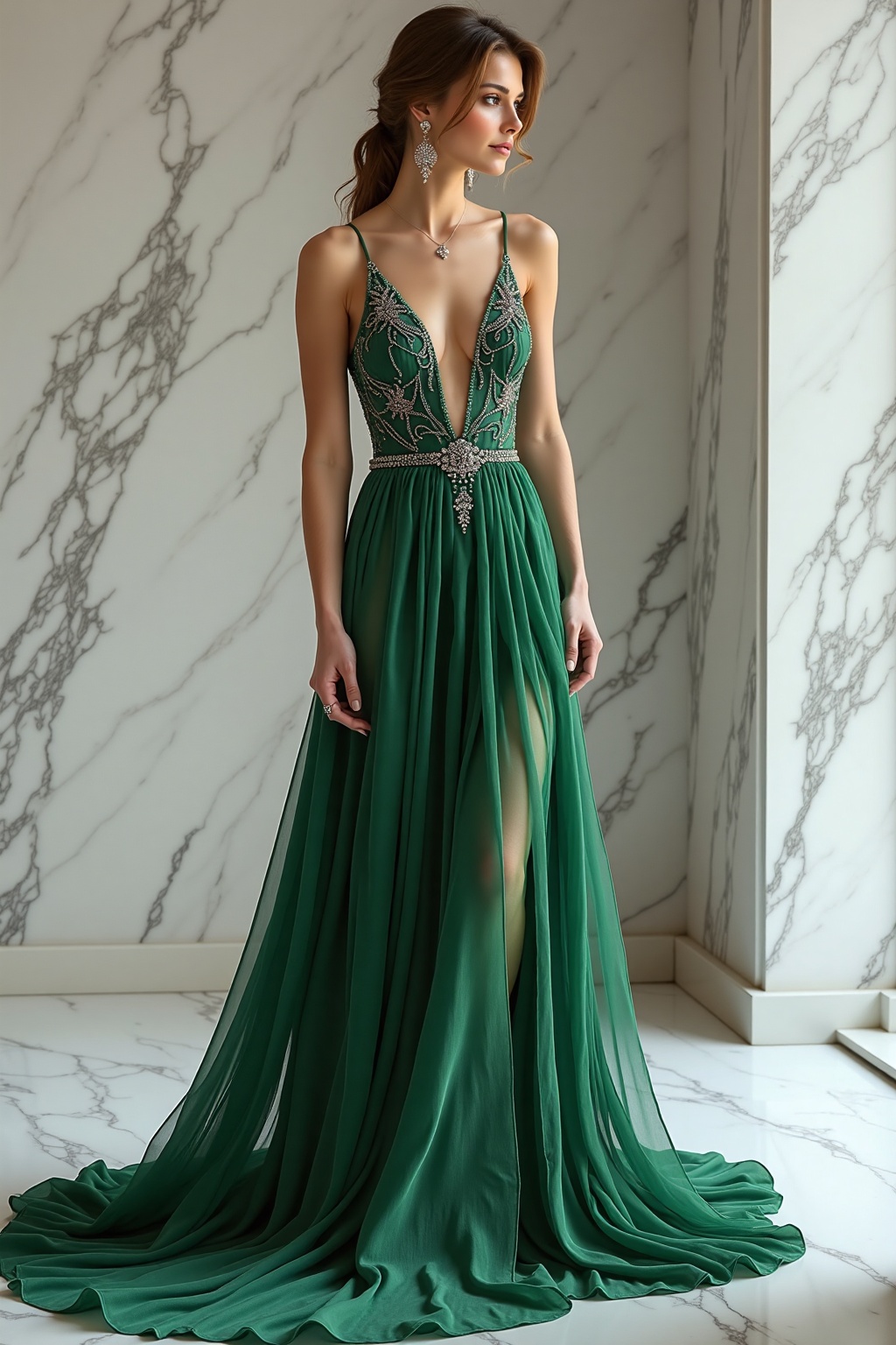 A breathtaking emerald silk gown commands attention with its dramatic sweeping lines and intricate beadwork. The flowing f...