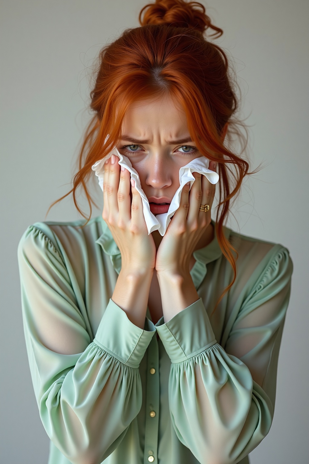 Captured in a moment of distress,  this redhead woman exemplifies a deep emotional struggle. Clutching tissues to her chee...