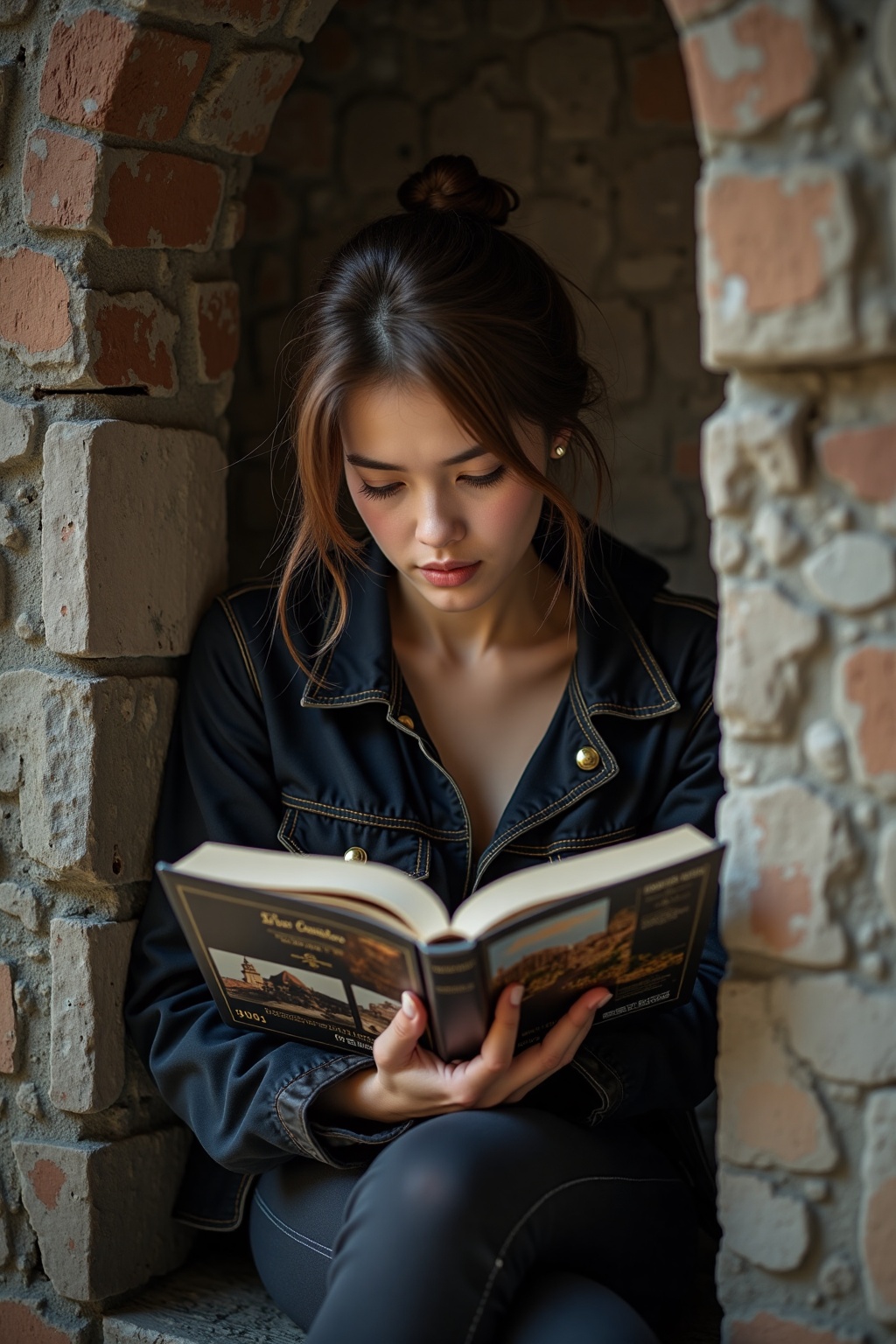 In a weathered and aged stone alcove,  a young woman finds a quiet moment to engage with a photography book. Her expressio...