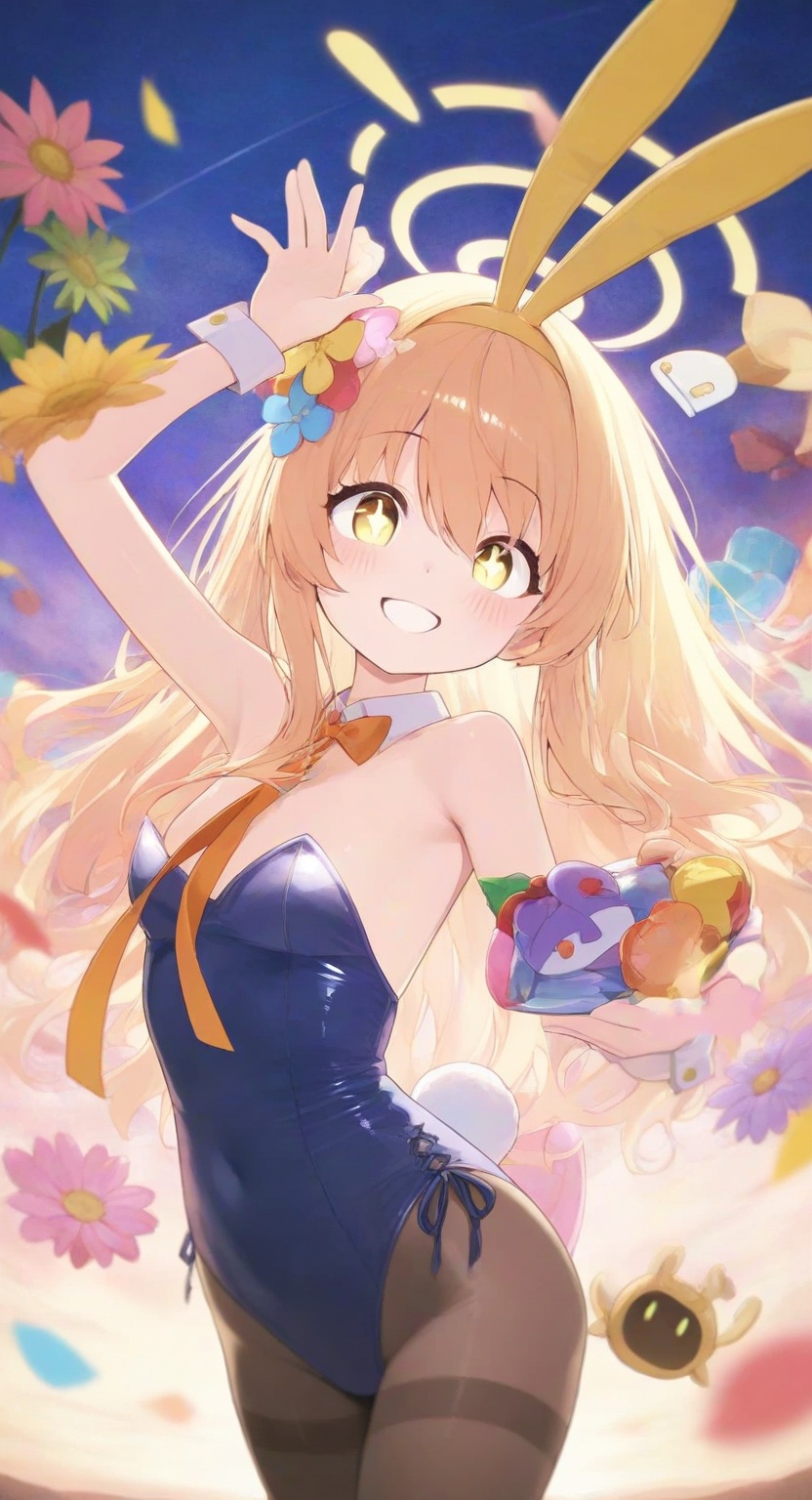 Girl in a playful pose,  smiling and holding up a pair of colorful flowers? on Tensor.Art