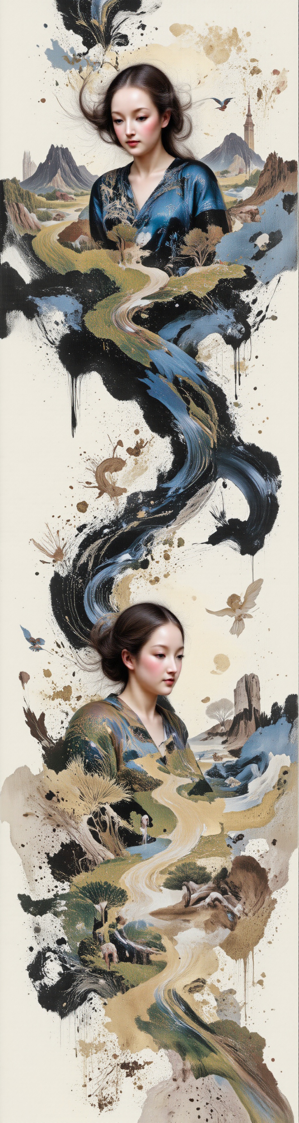 Silhouette of a girl in a scenery of a magical world,  fantastic scenery of another world,  close-up on Tensor.Art