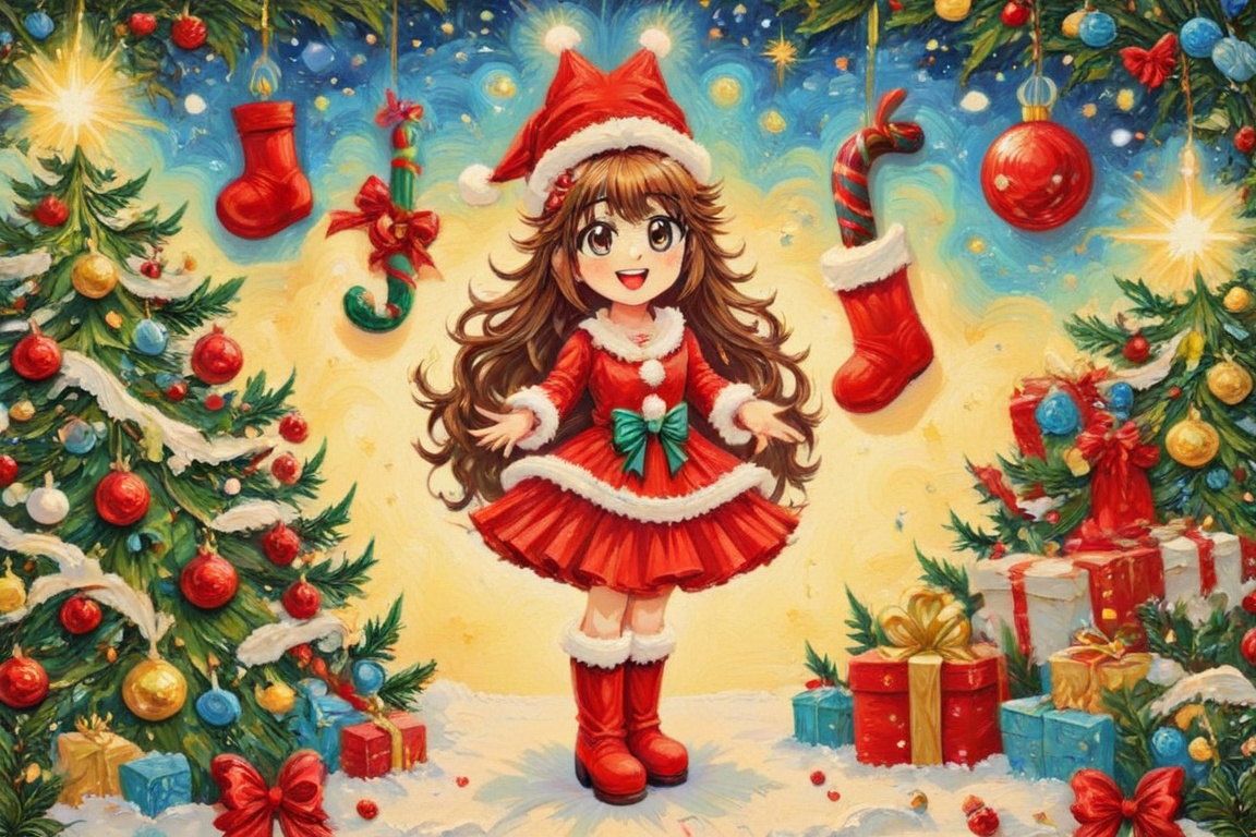 vibraXMAS,  Cheerful anime heroine performing on a dazzling Christmas stage,  her outfit a cute and festive fusion of a Sa...