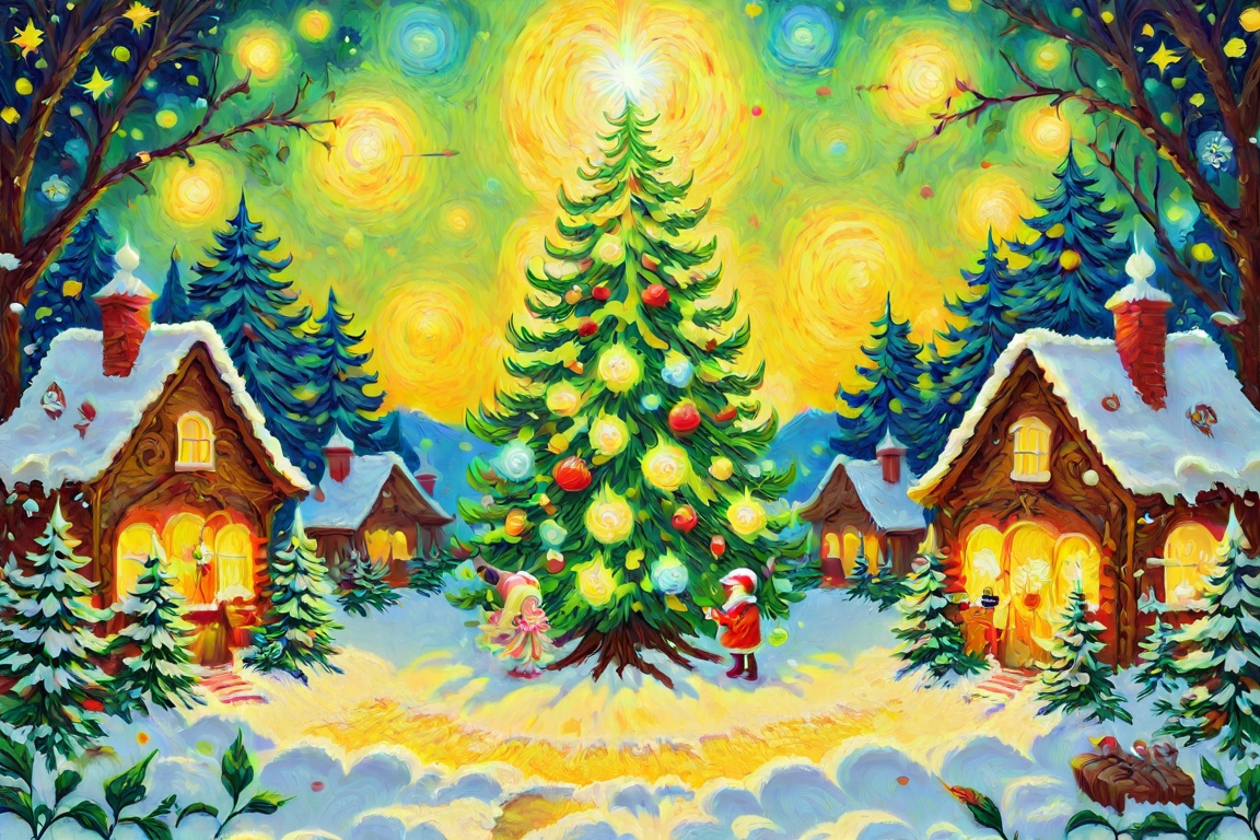 A festive snowy village with colorful glowing lights on every house,  a tall Christmas tree sparkling with ornaments,  vib...