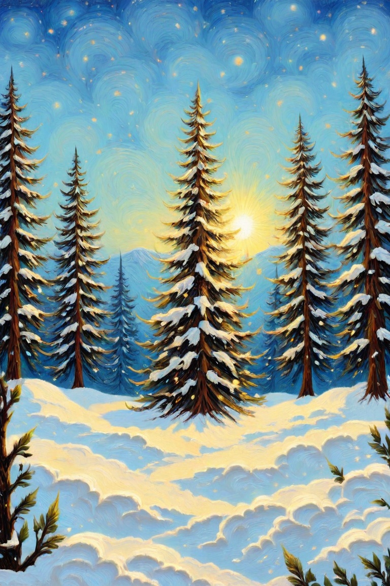 A handsome princess of snow with black hairs,  Standing gracefully in the snow. The background is a tree with very complic...
