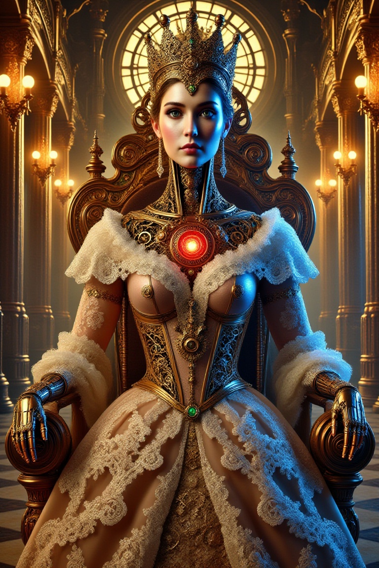 In this regal portrait,  the majestic humanoid queen stands confidently before the grand steampunk palace,  bathed in warm...