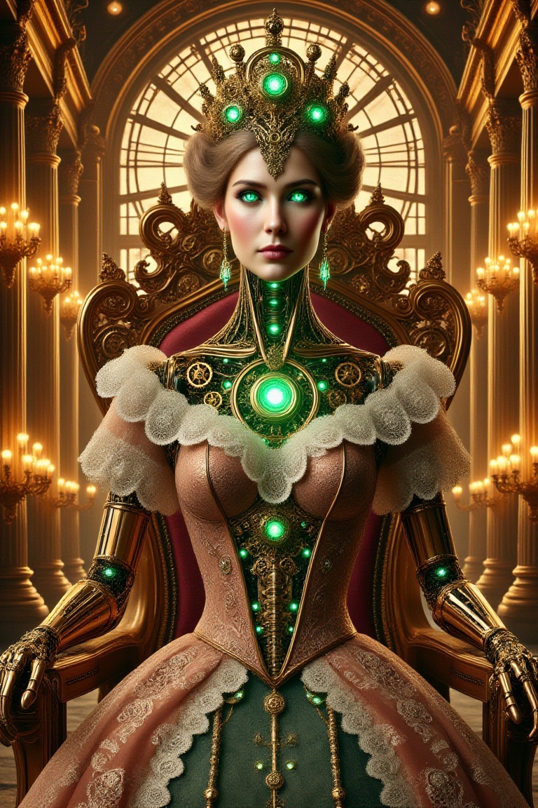 A majestic humanoid queen stands before a grand steampunk palace,  her regal presence illuminated by golden lighting that...