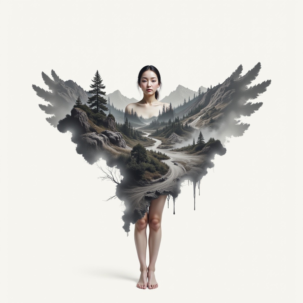 Surreal digital illustration painting in the style of Asa CHEN,  Mystical beauty stands barefoot,  shrouded in charcoal pe...