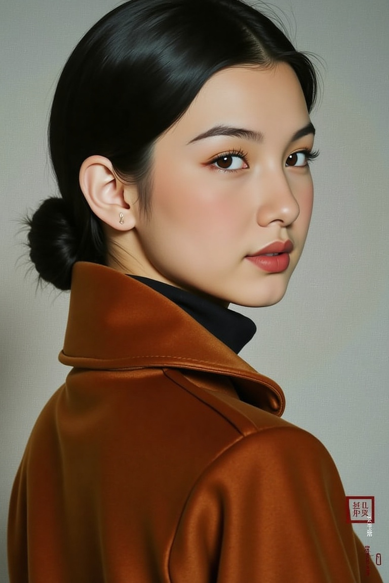 A stunning painting of professional artist draws a young woman who dressed in a long coat,  her eyes are beautiful and loo...