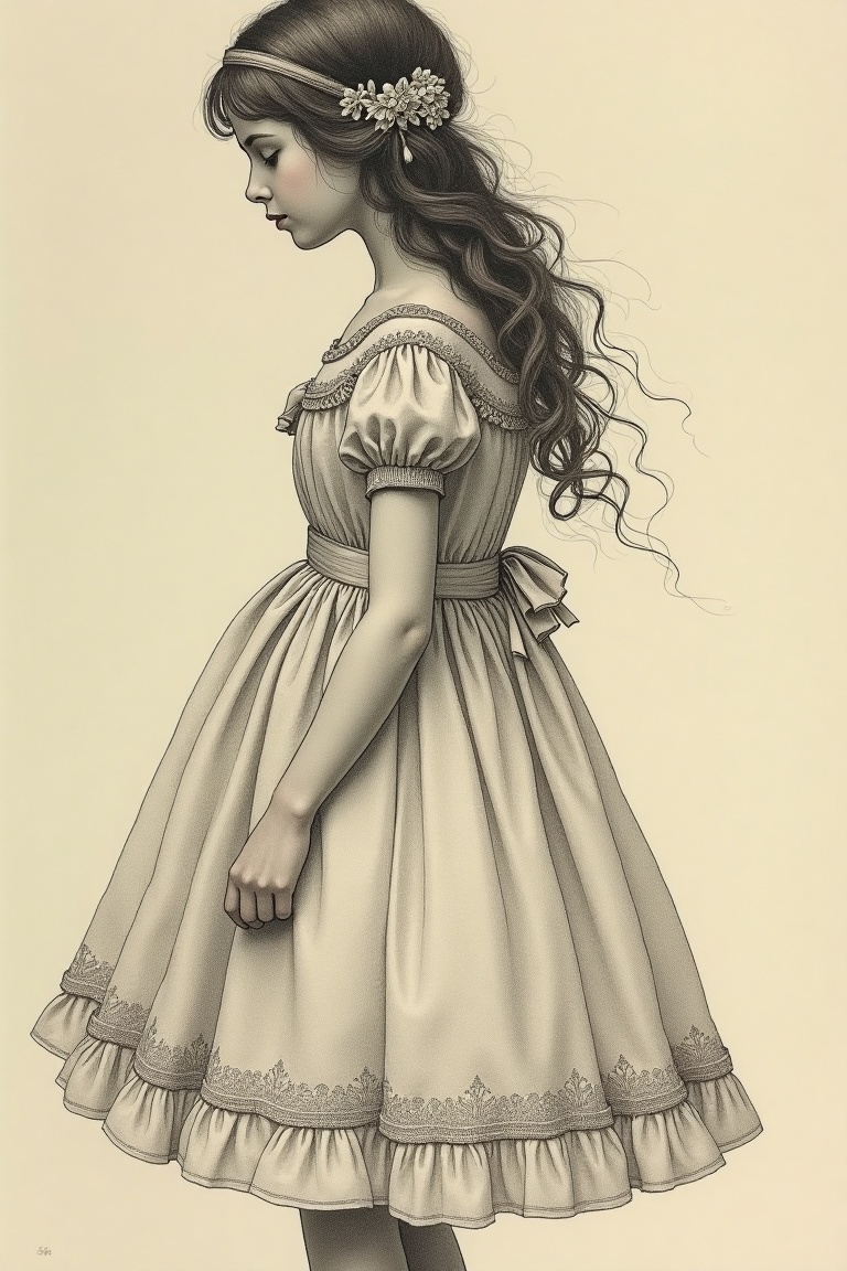 A serene image drawing in victorian style illustration of a single girl on Tensor.Art