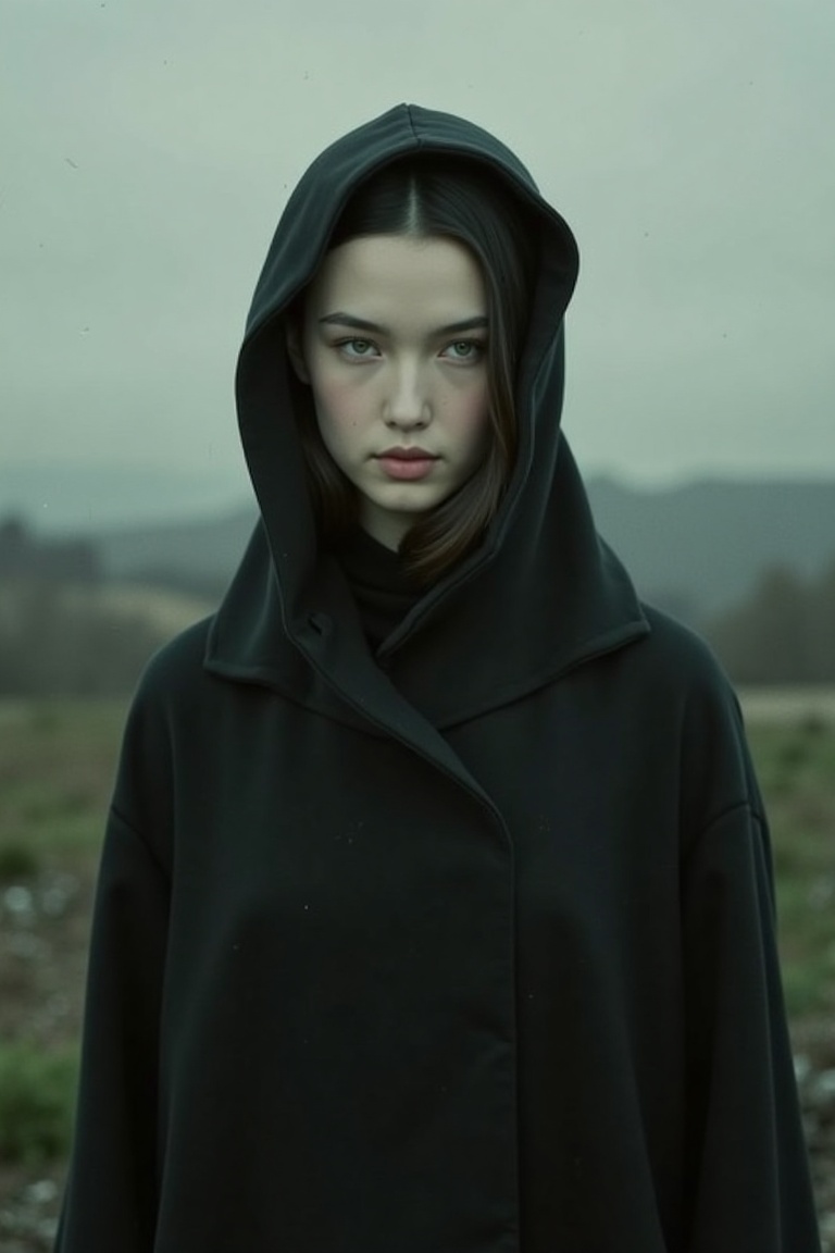 A melancholic portrait of a young woman,  shrouded in mystery,  donning a long on Tensor.Art