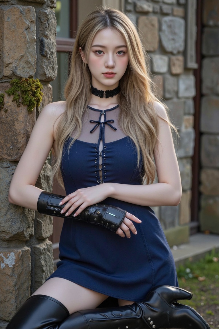 A hyper-realistic portrait of a female character with pale skin tone and long,  flowing,  golden blonde hair. Her eyes are...